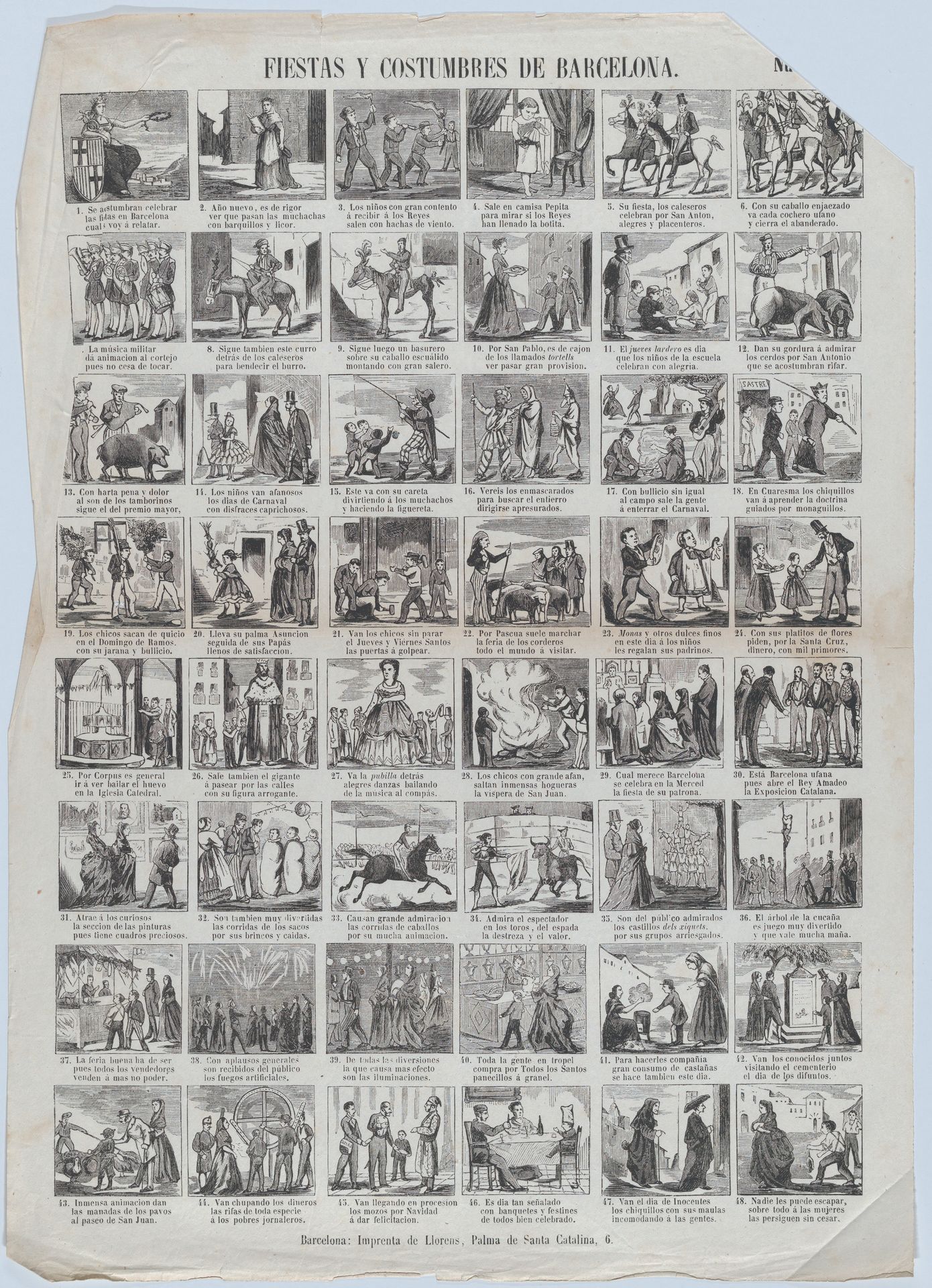 Broadside with 48 scenes depicting the celebrations and customs of Barcelona by Juan Llorens