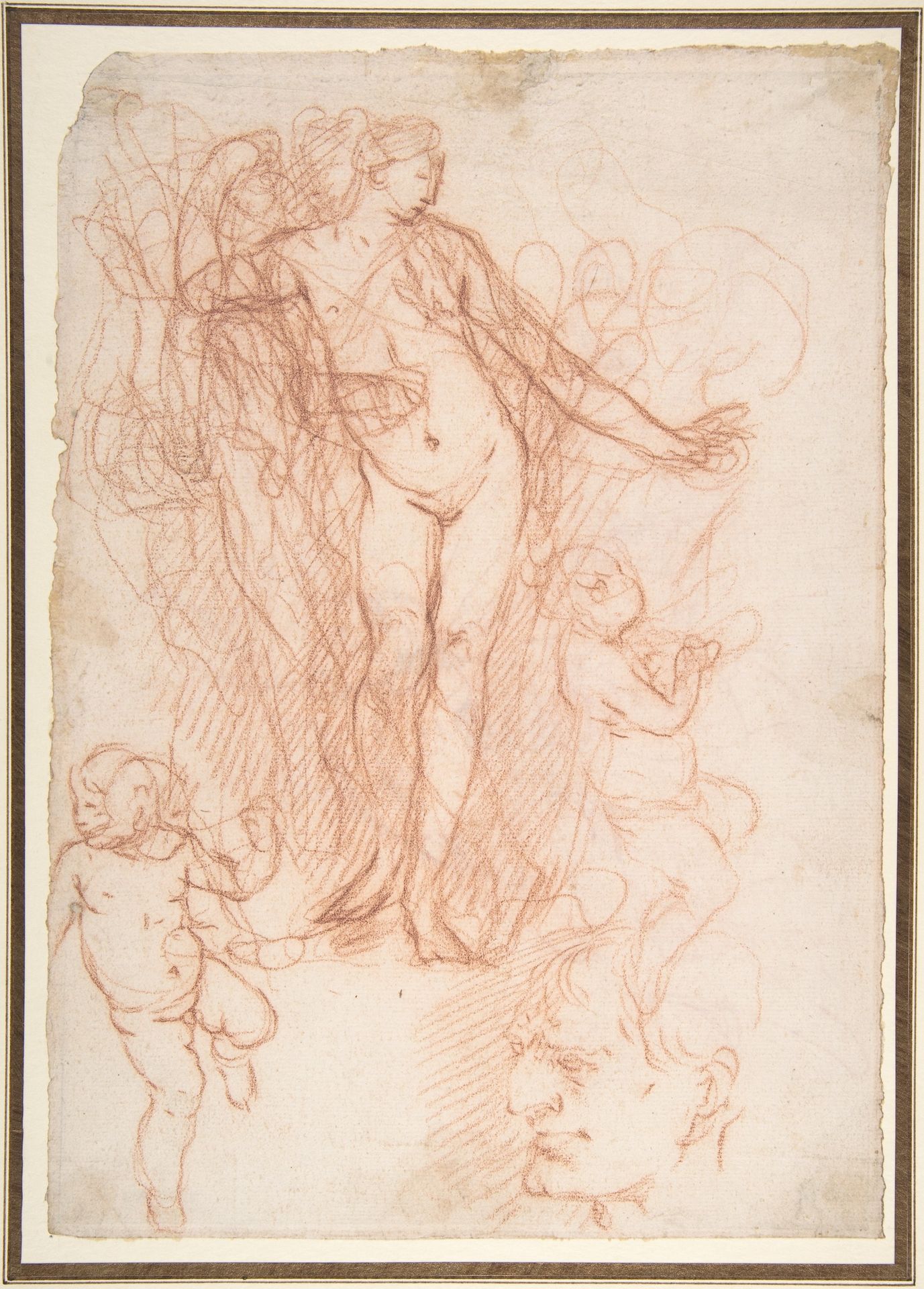 (R.)Figure Studies: Standing Nude Figure, Putti, and a Man's Head (V.) Figure Studies: A Flying and a Standing Man by Giulio Carpioni