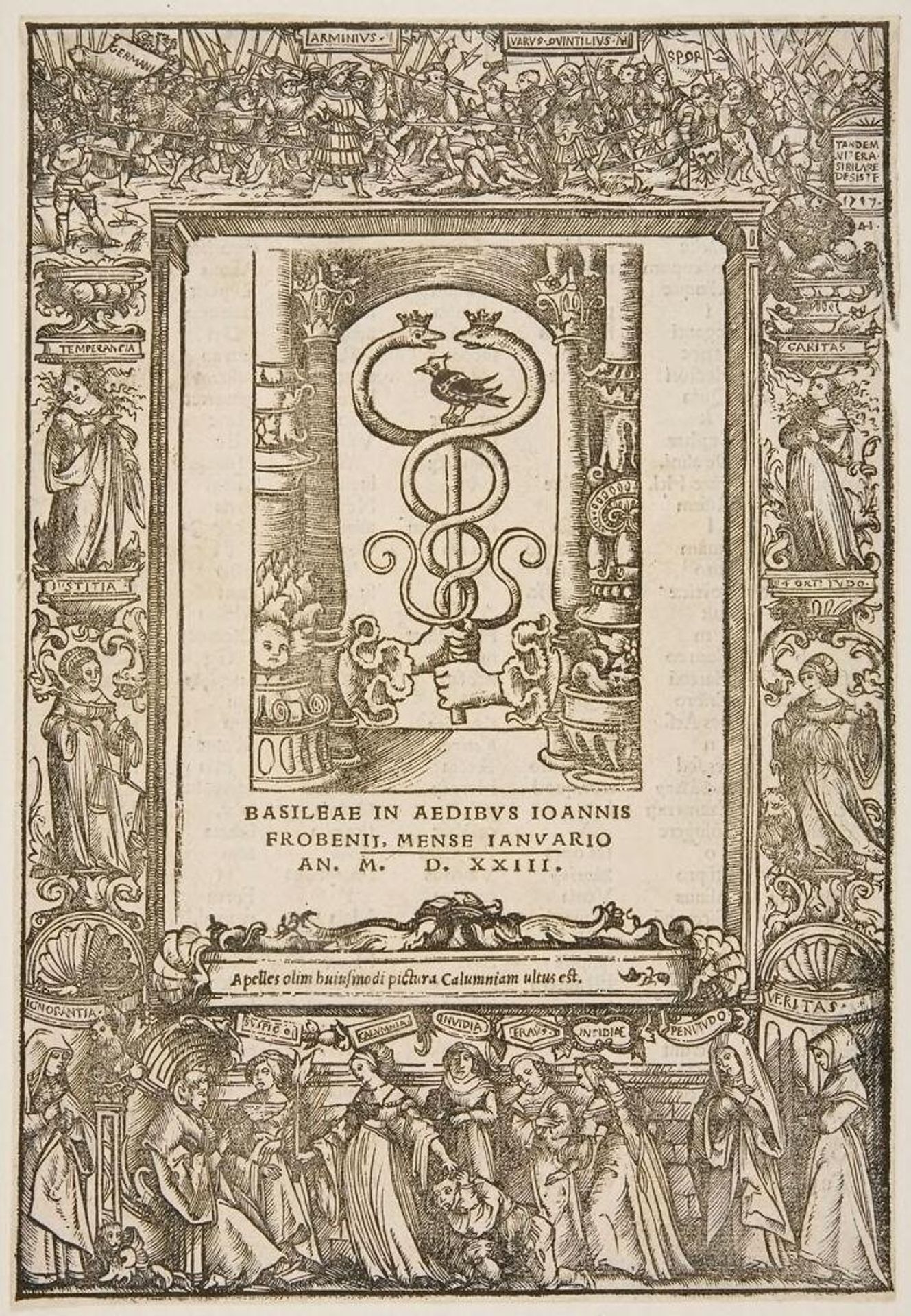 Title-border with Calumny of Apelles; mark of Froben by ? by Ambrosius Holbein