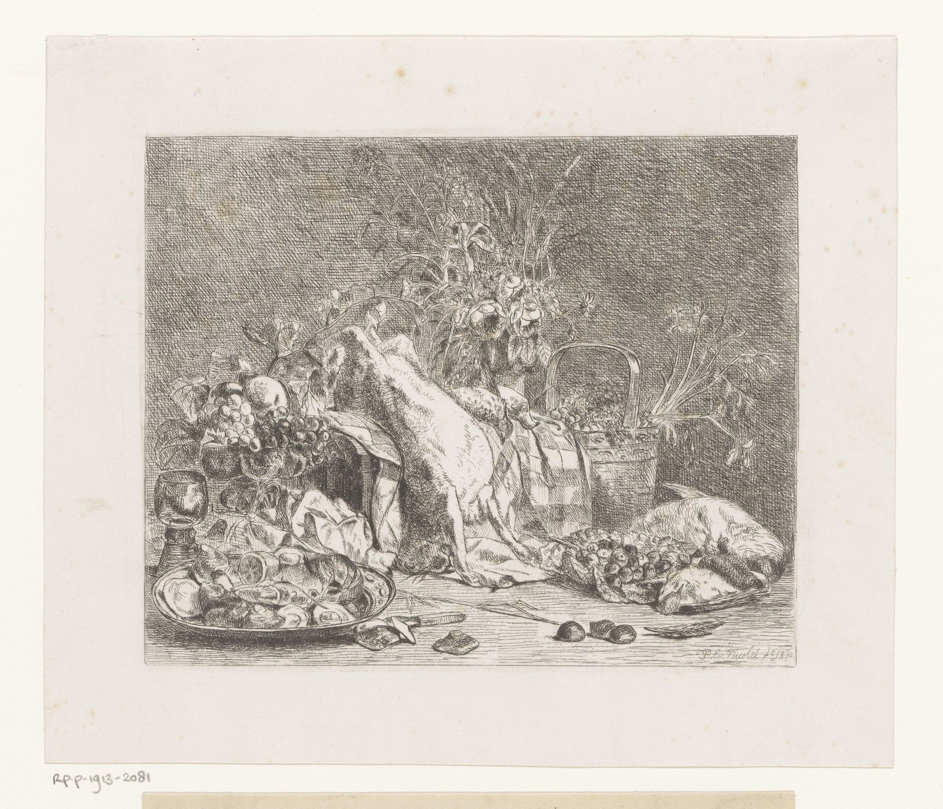 Stilleven van bloemen, vruchten en wild by Paul Emile Nicolié
