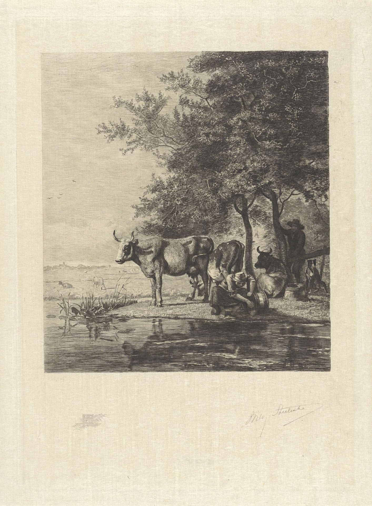 Landschap met koeien en een vrouw die een emmer wast by Willem (II) Steelink