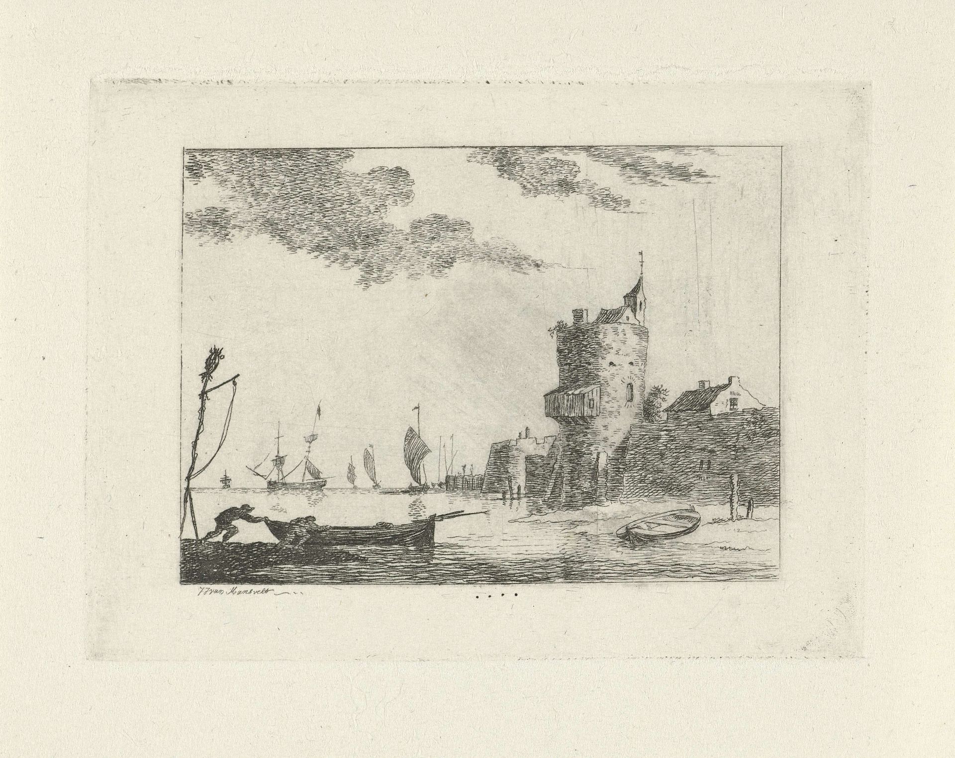 Boten bij een stadswal by Jan Izaak van Mansvelt