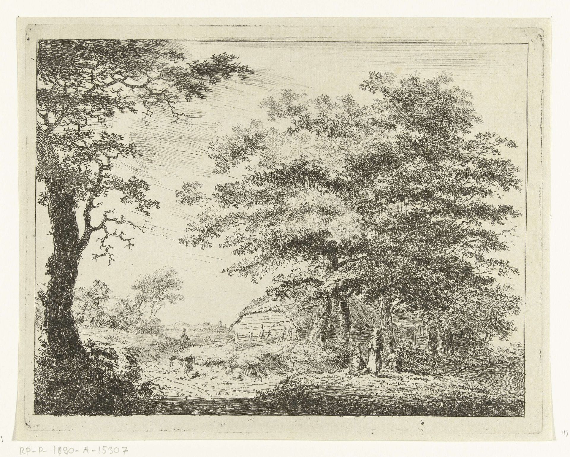 Landschap met boerderij en figuren onder bomen by Hermanus van Brussel