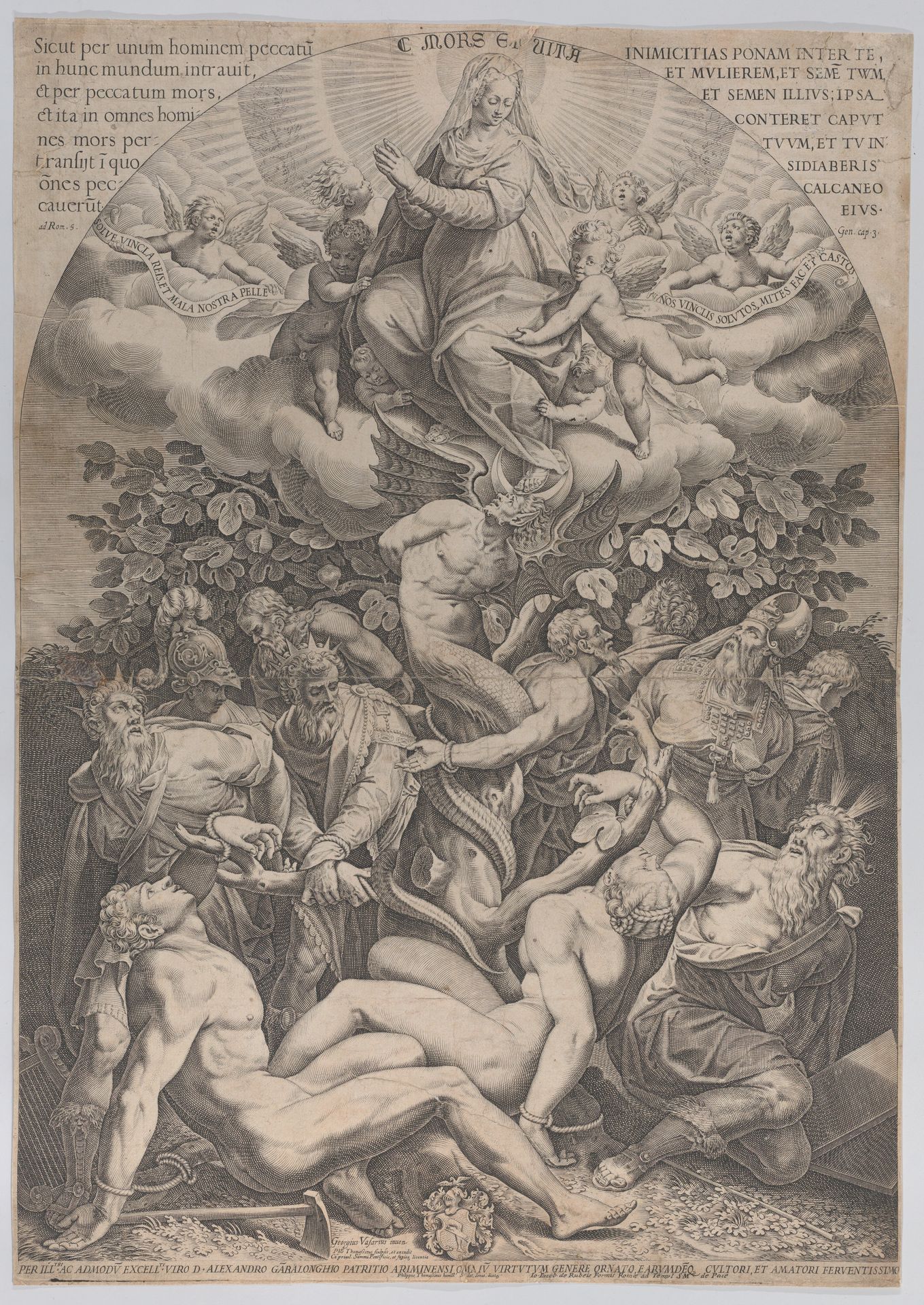 Allegory of the Immaculate Conception, with Adam, Eve, kings, priest, soldier and Moses tied at the bottom of a fig tree, and the Virgin sitting on cloud overhead, surrounded by angels by Philippe Thomassin