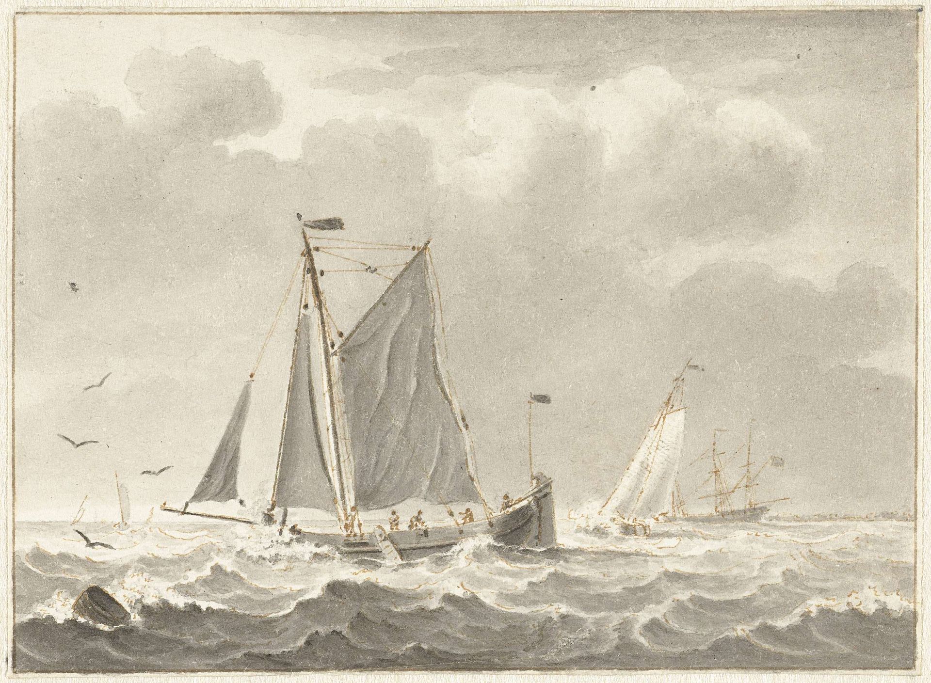 Zeilend vissersschip op zee by Cornelis Thim
