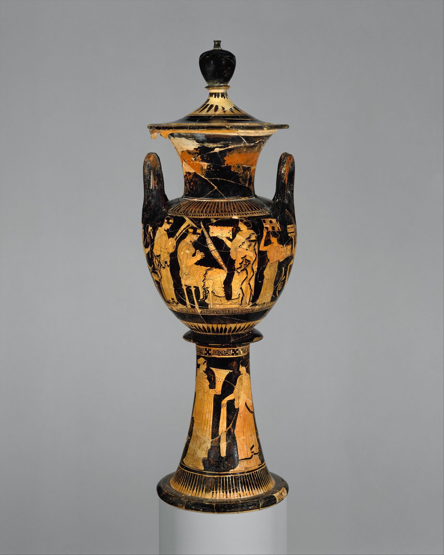 Terracotta lebes gamikos (round-bottomed bowl with handles and stand used in weddings) by Anonymous