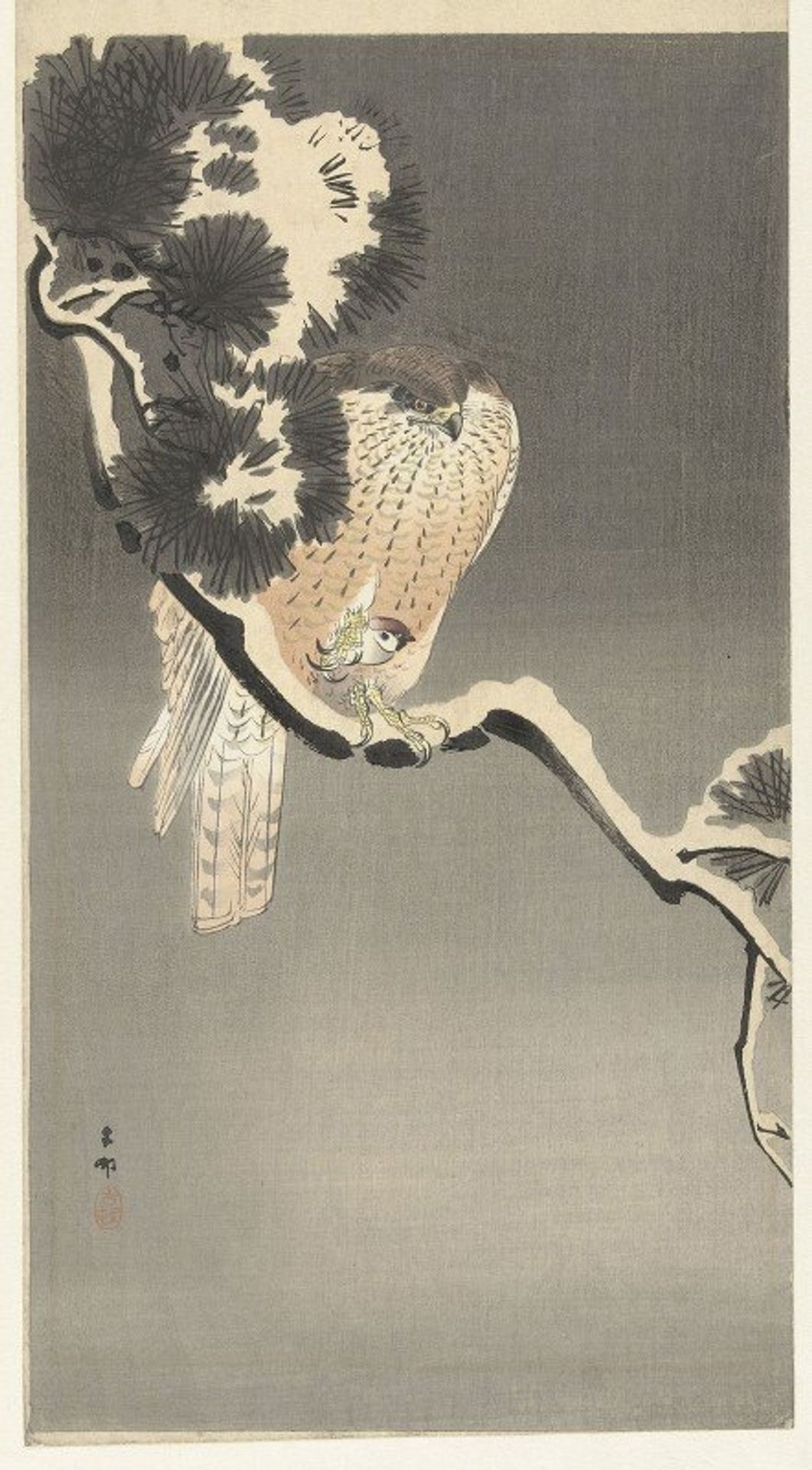 Hawk with sparrow by Ohara Koson