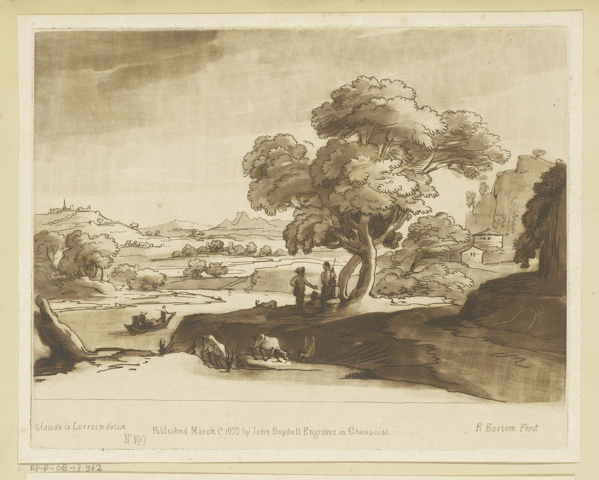 Landschap met roeiboot op een rivier, drie herders en vee by Richard Earlom