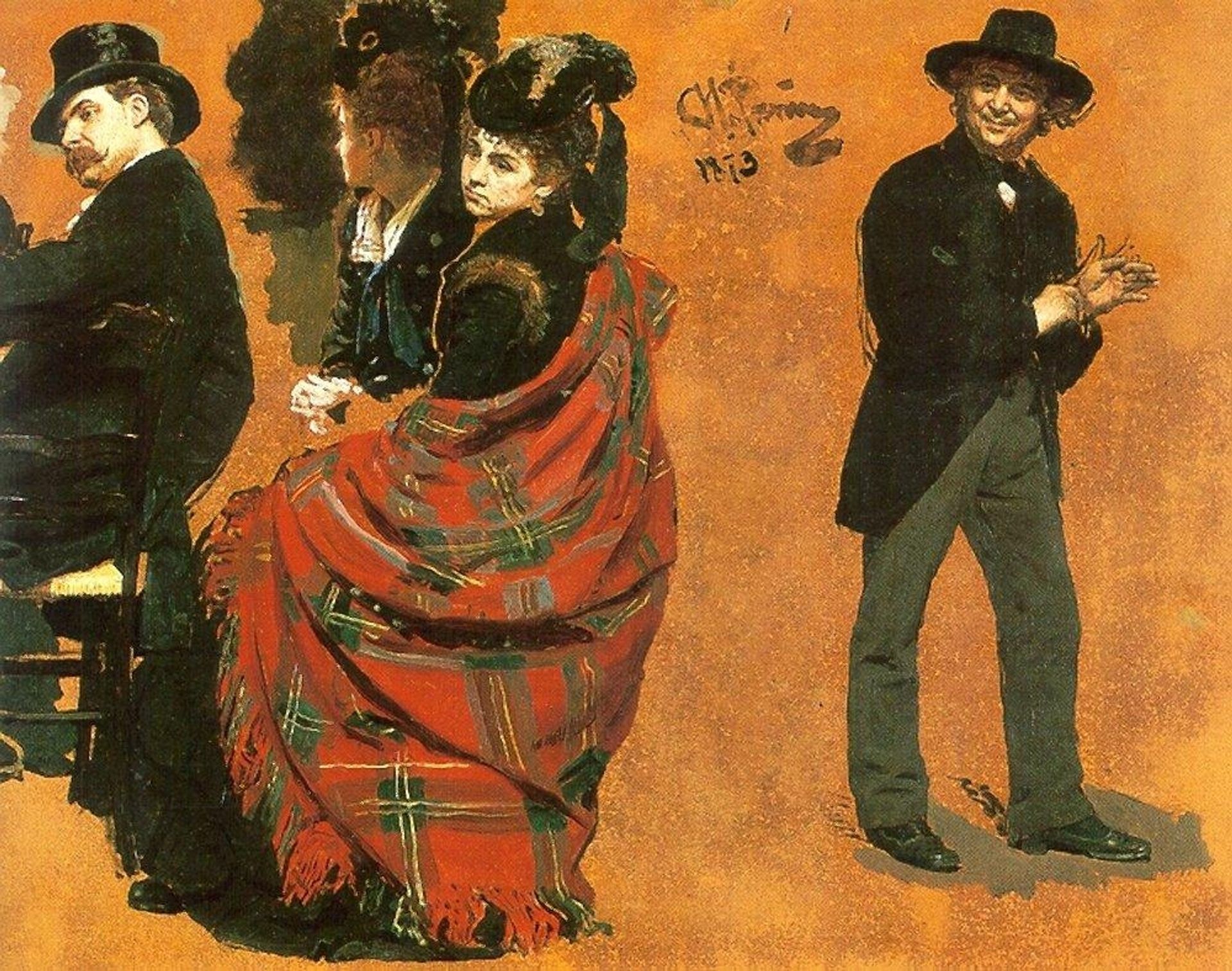 Man and woman at the table. The man pulls on the glove by Ilya Repin