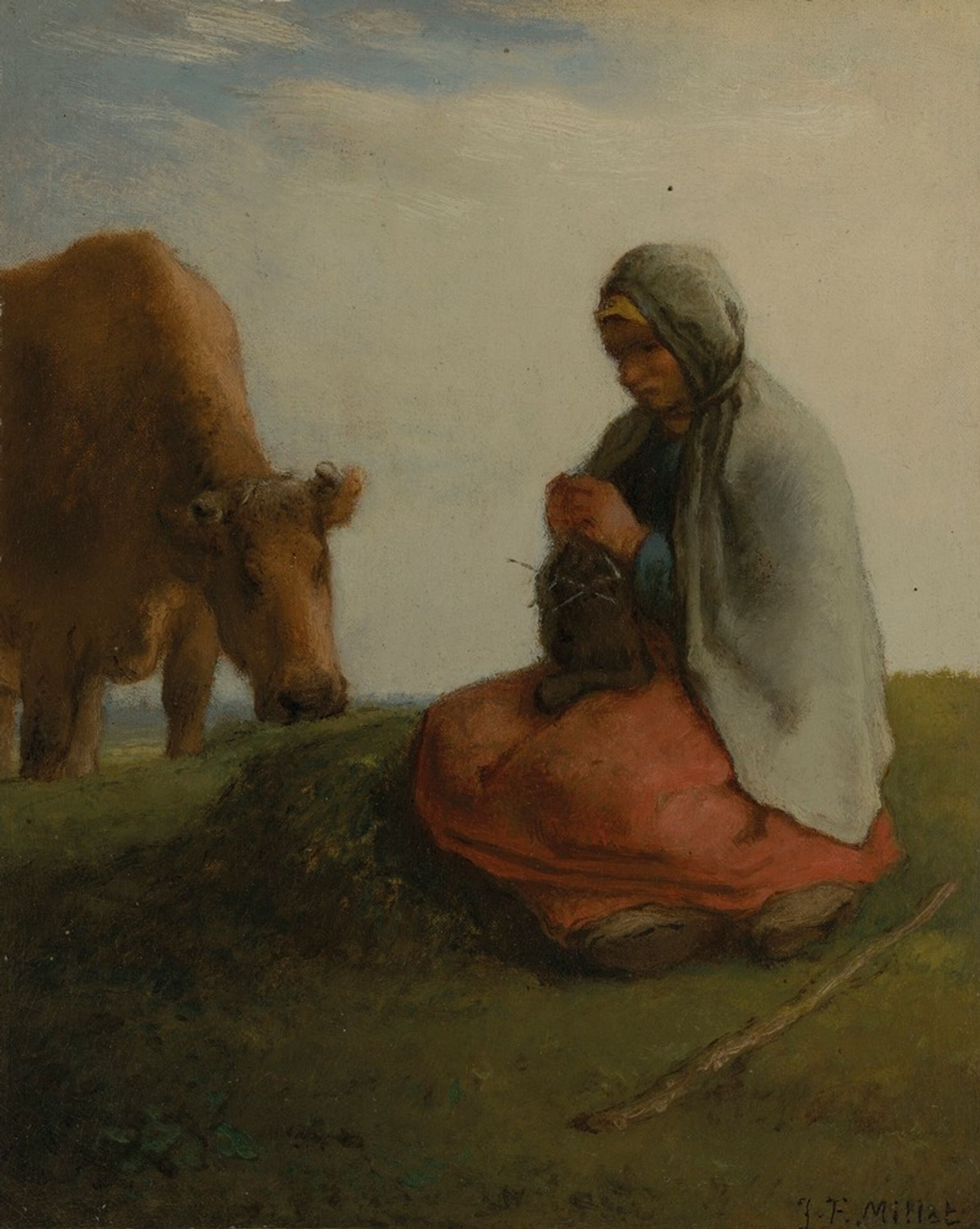 A shepherdess knitting by Jean-François Millet