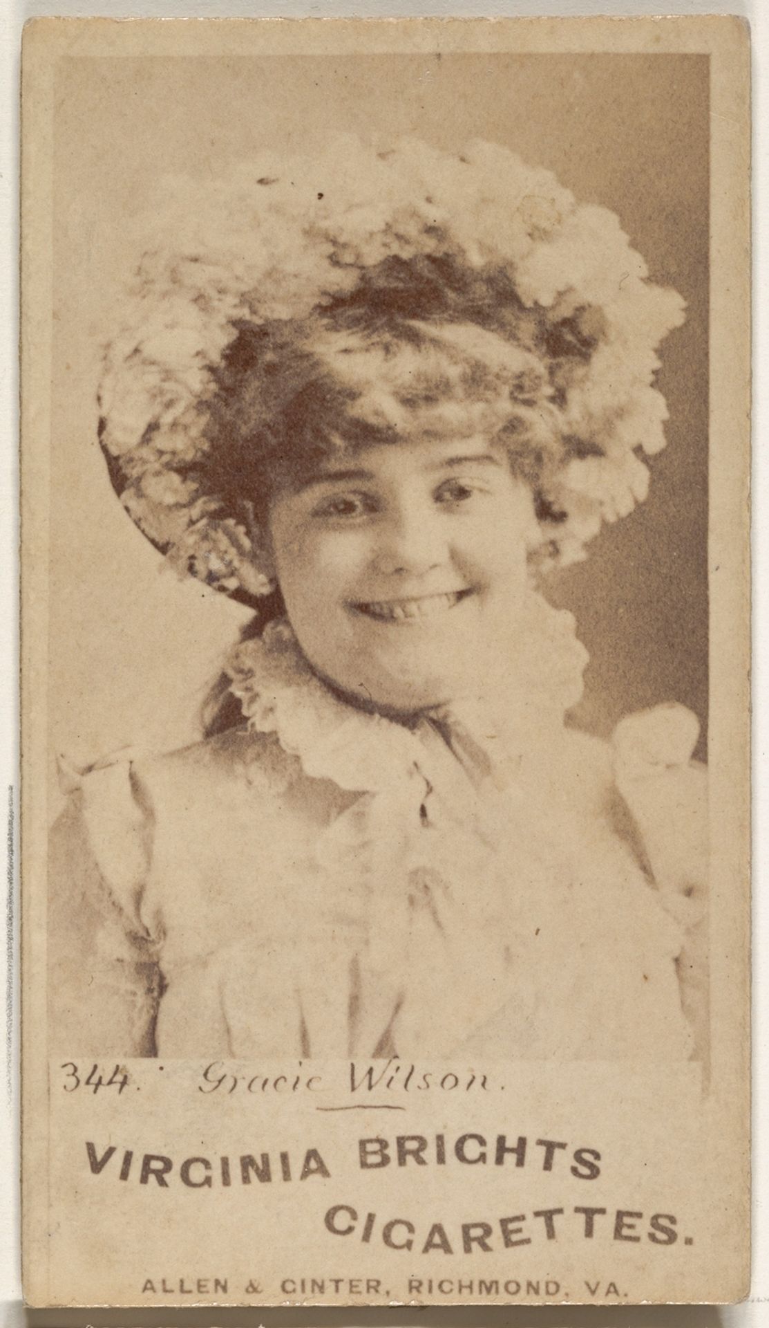 Card 344, Gracie Wilson, from the Actors and Actresses series (N45, Type 1) for Virginia Brights Cigarettes by Allen & Ginter