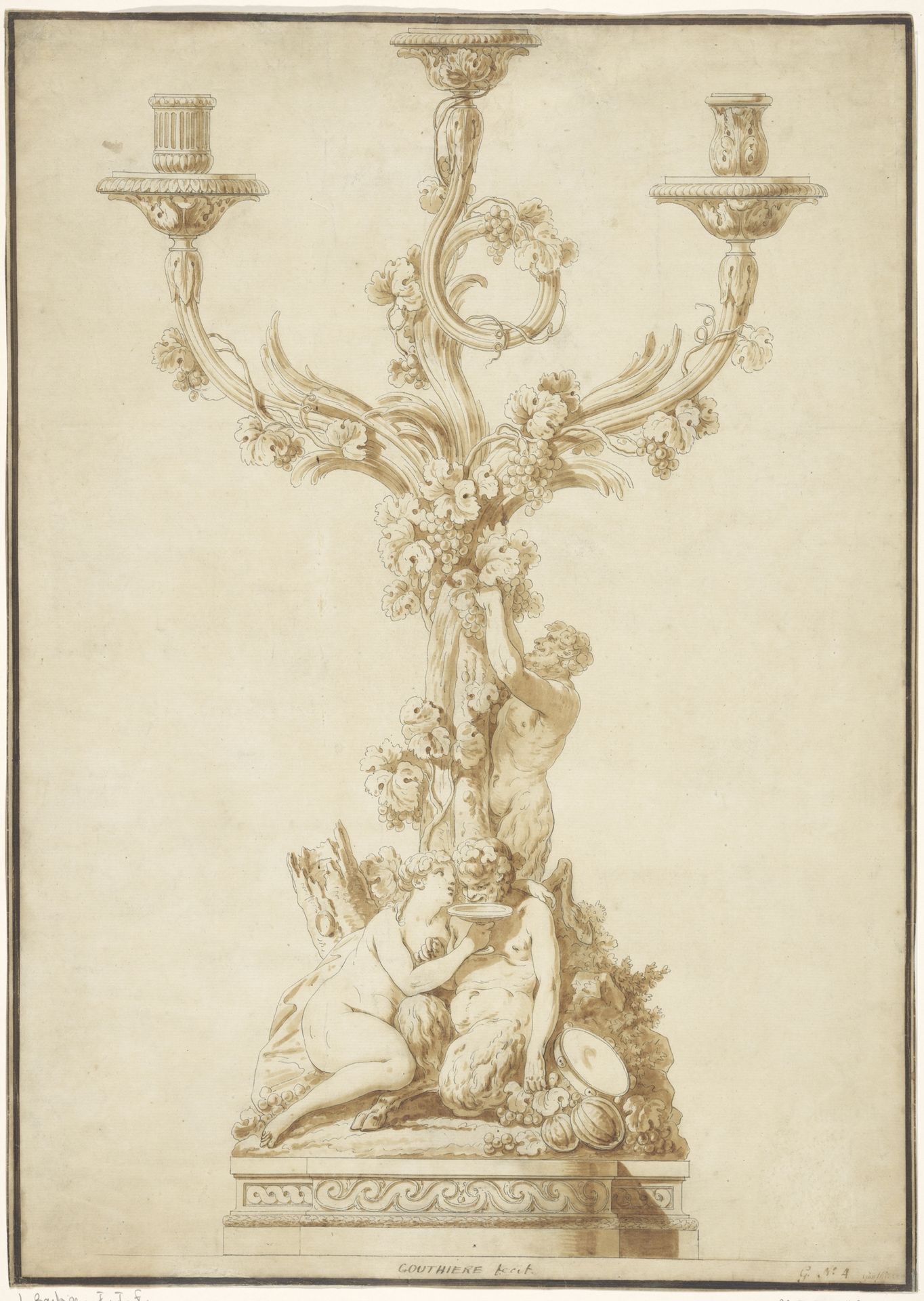 Verguld bronzen kandelaber met twee satyrs en een nymf, met varianten in de kaarsenhouders by Jean Jacques François Le Barbier