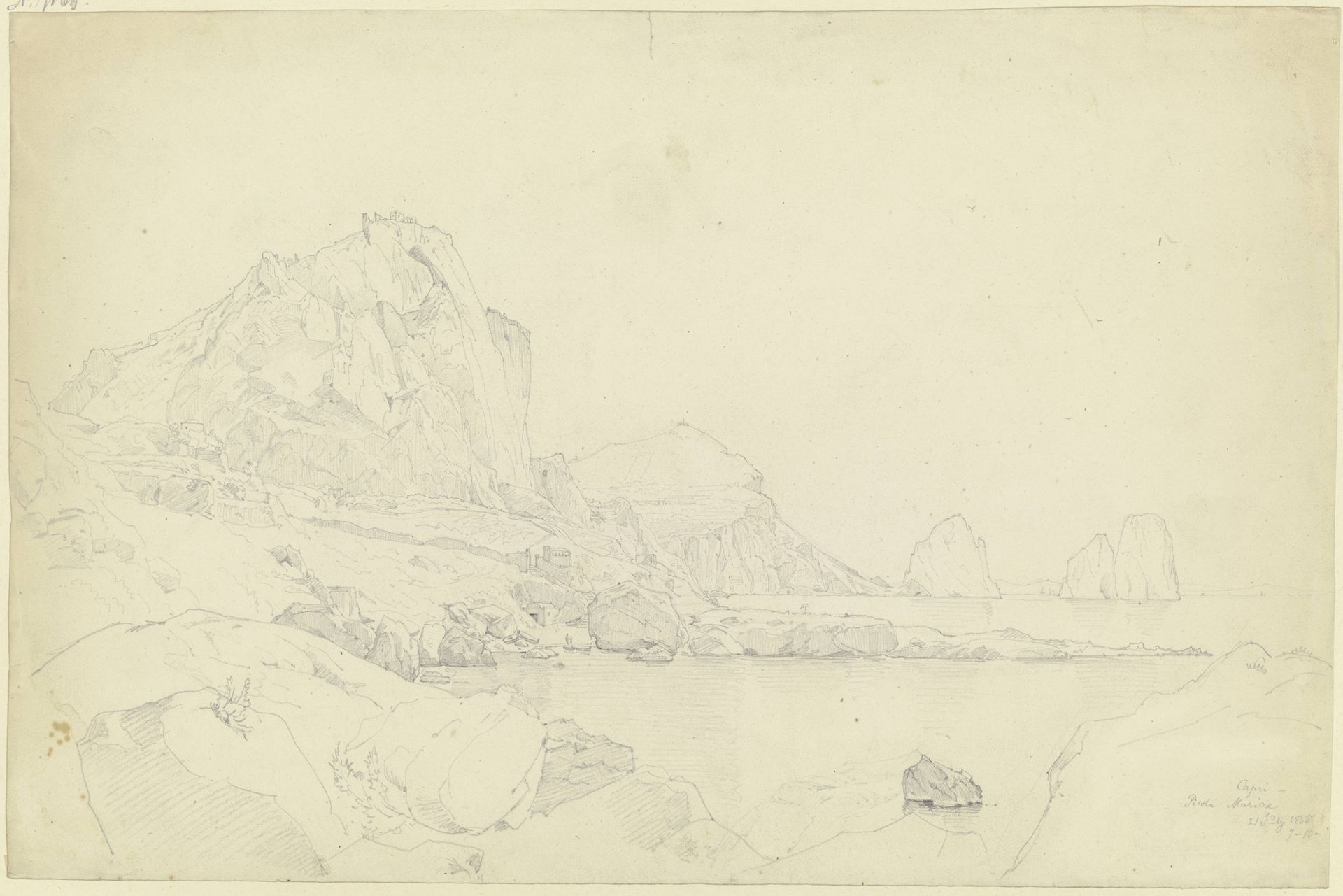 Der Monte Castiglione mit der Festung auf der Spitze, im Hintergrund auf dem Monte Tibero die Villa Jovis, rechts die Faraglioni vor Capri by Carl Morgenstern
