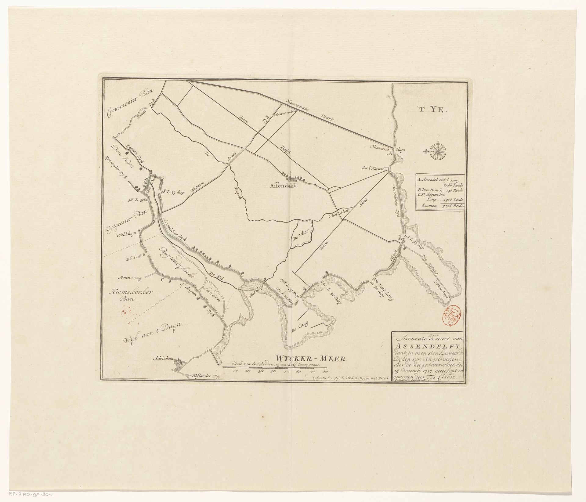 Kaart van Assendelft met dijkdoorbraken, 1717 by Anonymous