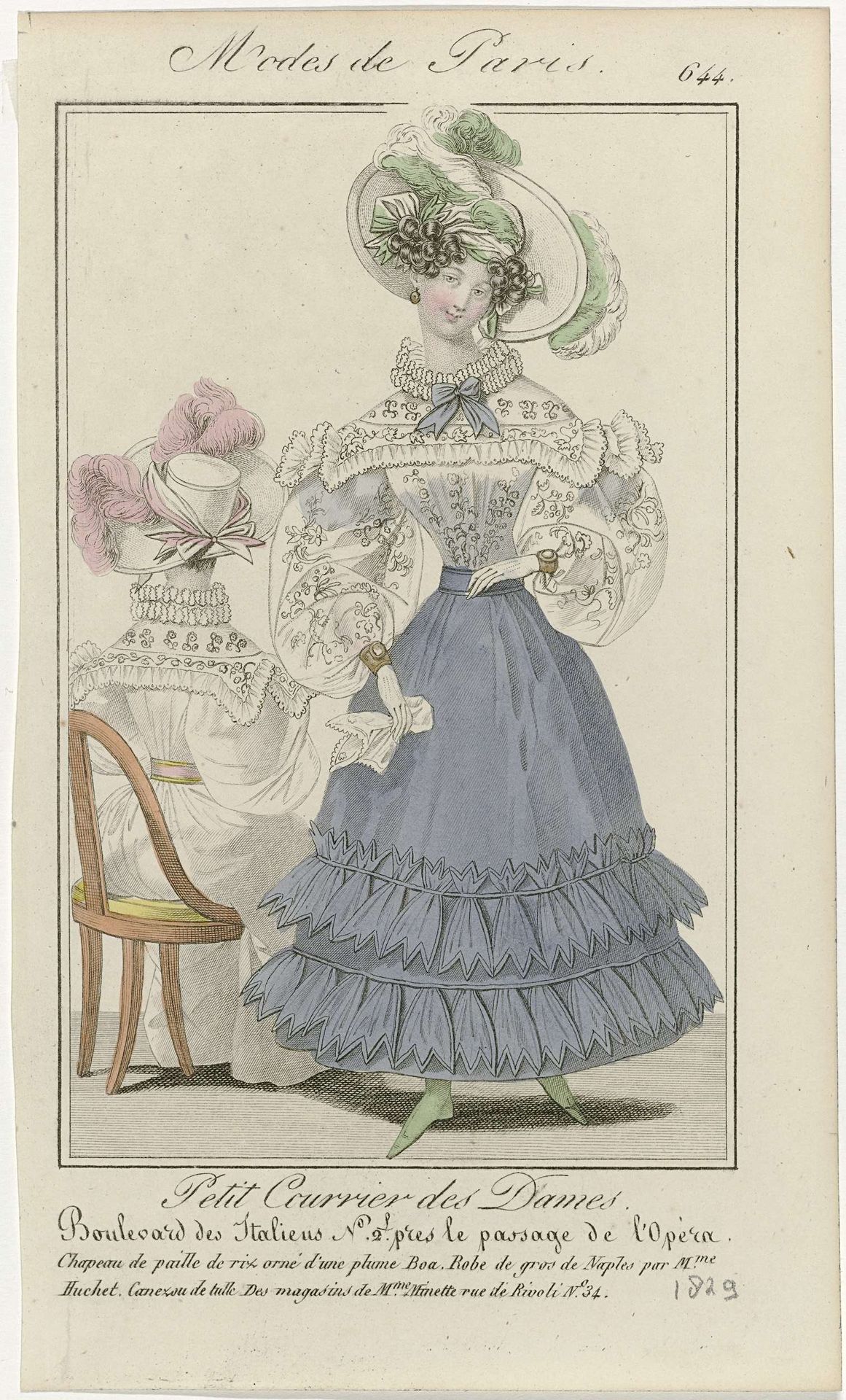 Petit Courrier des Dames, 1829, No. 644 : Chapeau de paille de riz.. by Anonymous