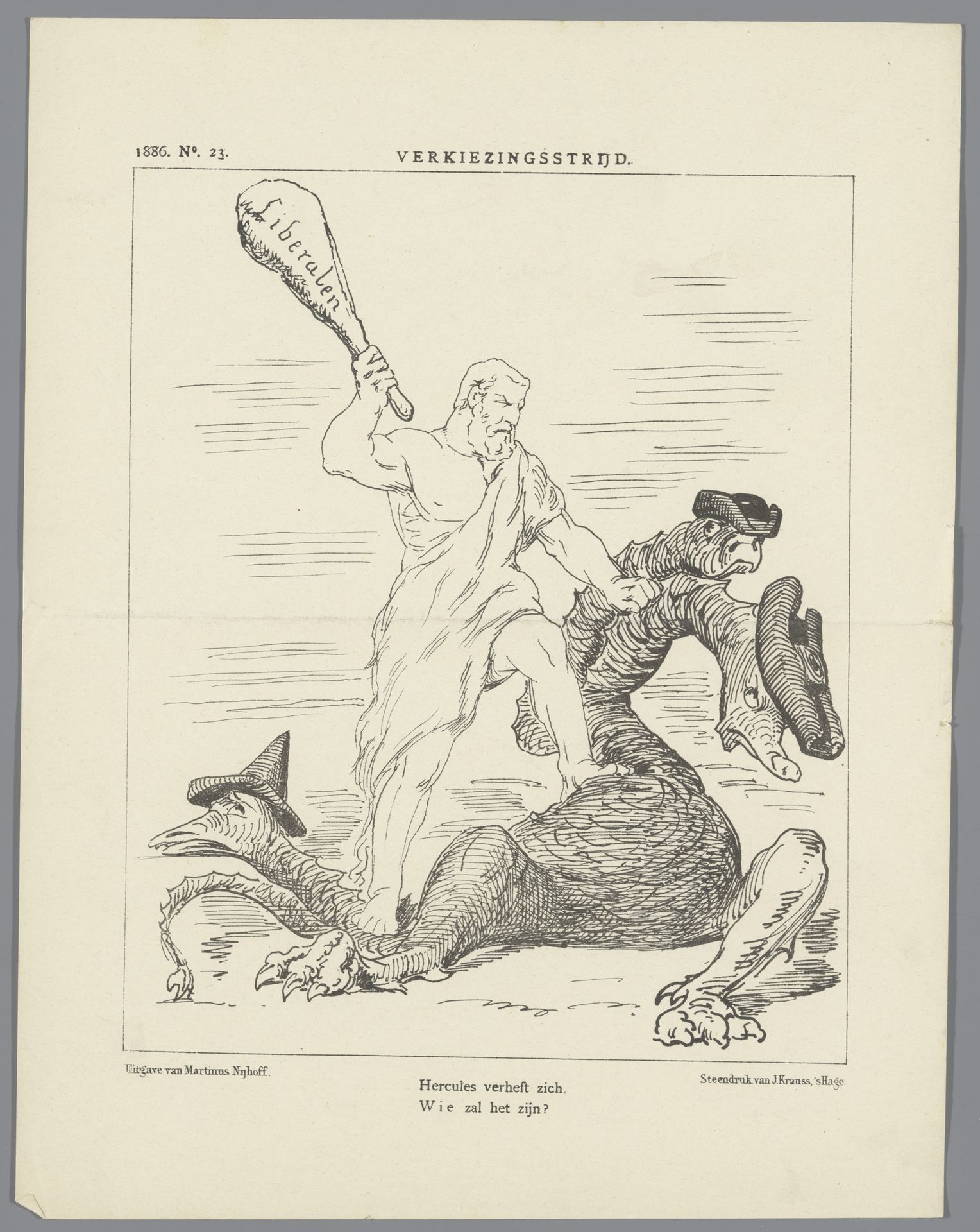 Spotprent met de Liberale Unie als Hercules die de kerkelijke partijen als de Hydra verslaat, 1886 by Johan Michaël Schmidt Crans