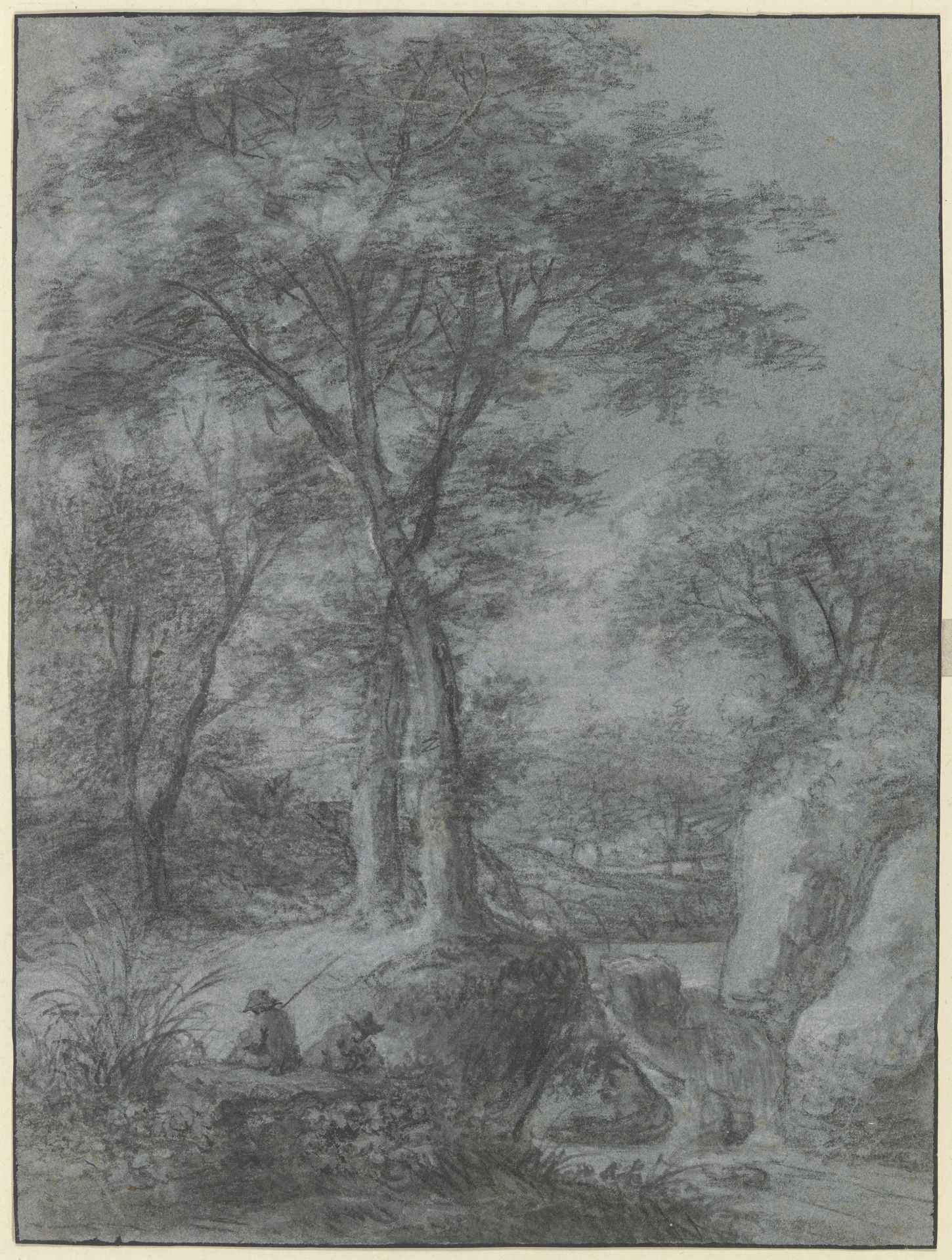 Wasserfall unter Bäumen, links zwei Figuren by Anthonie Waterloo