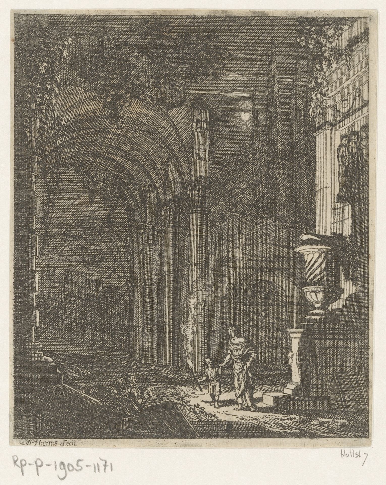 Twee figuren verlichten antieke ruïnes met een fakkel by Johann Oswald Harms