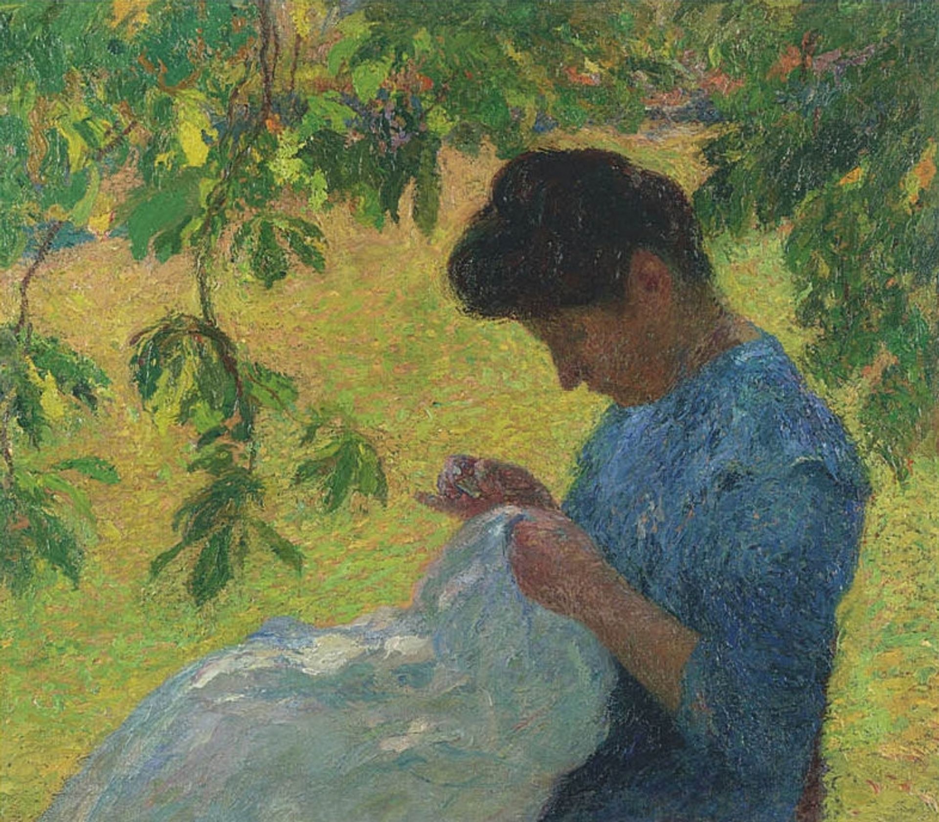Young Woman Sewing in the Garden by Henri Martin
