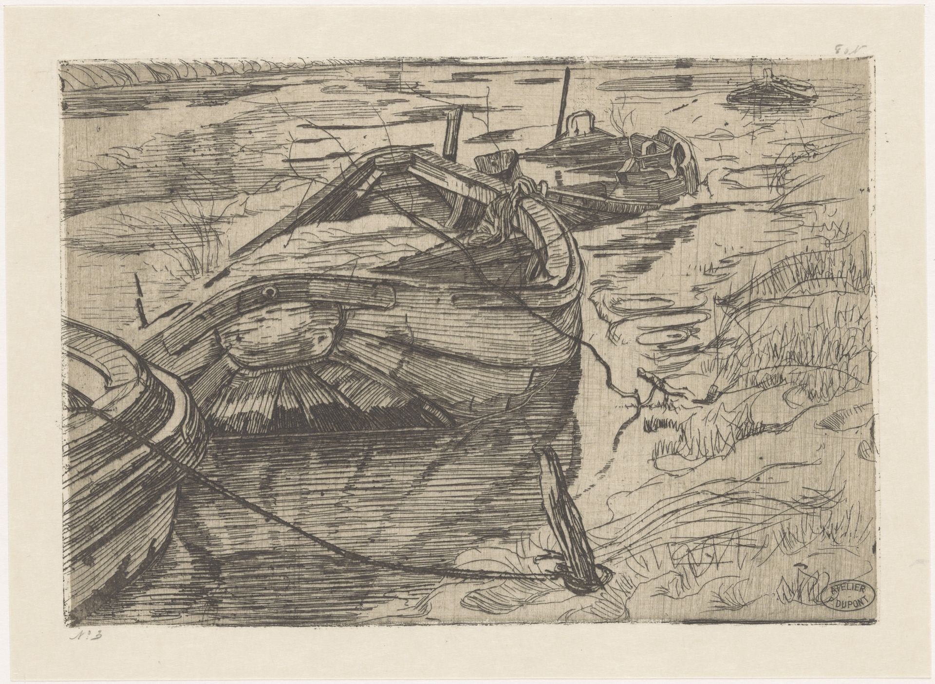 Afgemeerde roeiboten in een sloot by Pieter Dupont