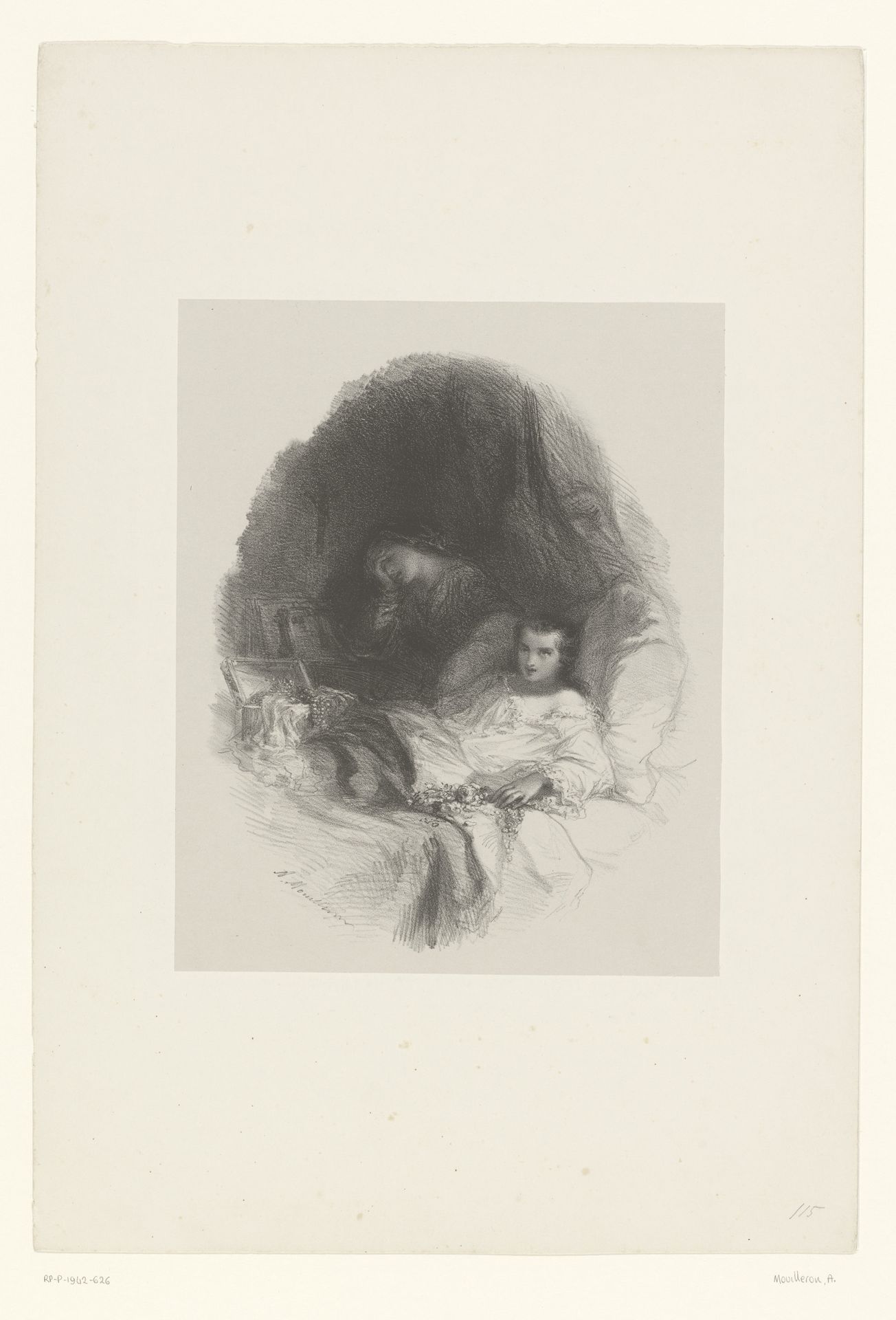 Kind in wit nachthemd op bed by Adolphe Mouilleron