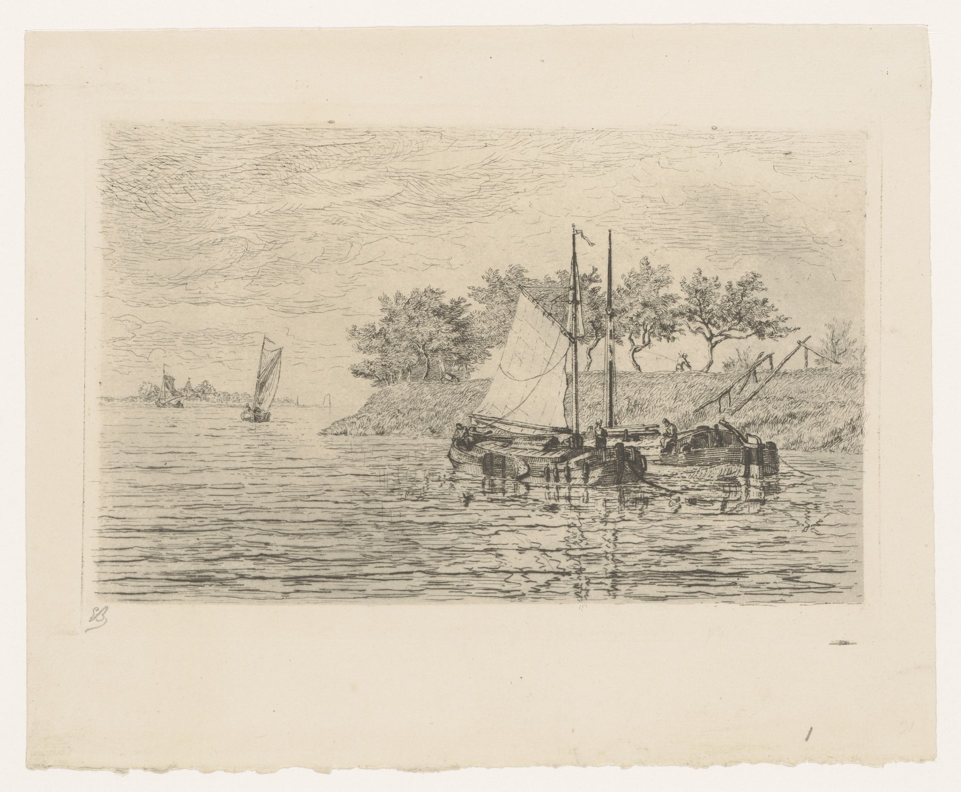 Zeilboten op een rivier, op de dijk staat een man te maaien by Edgar Alfred Baes