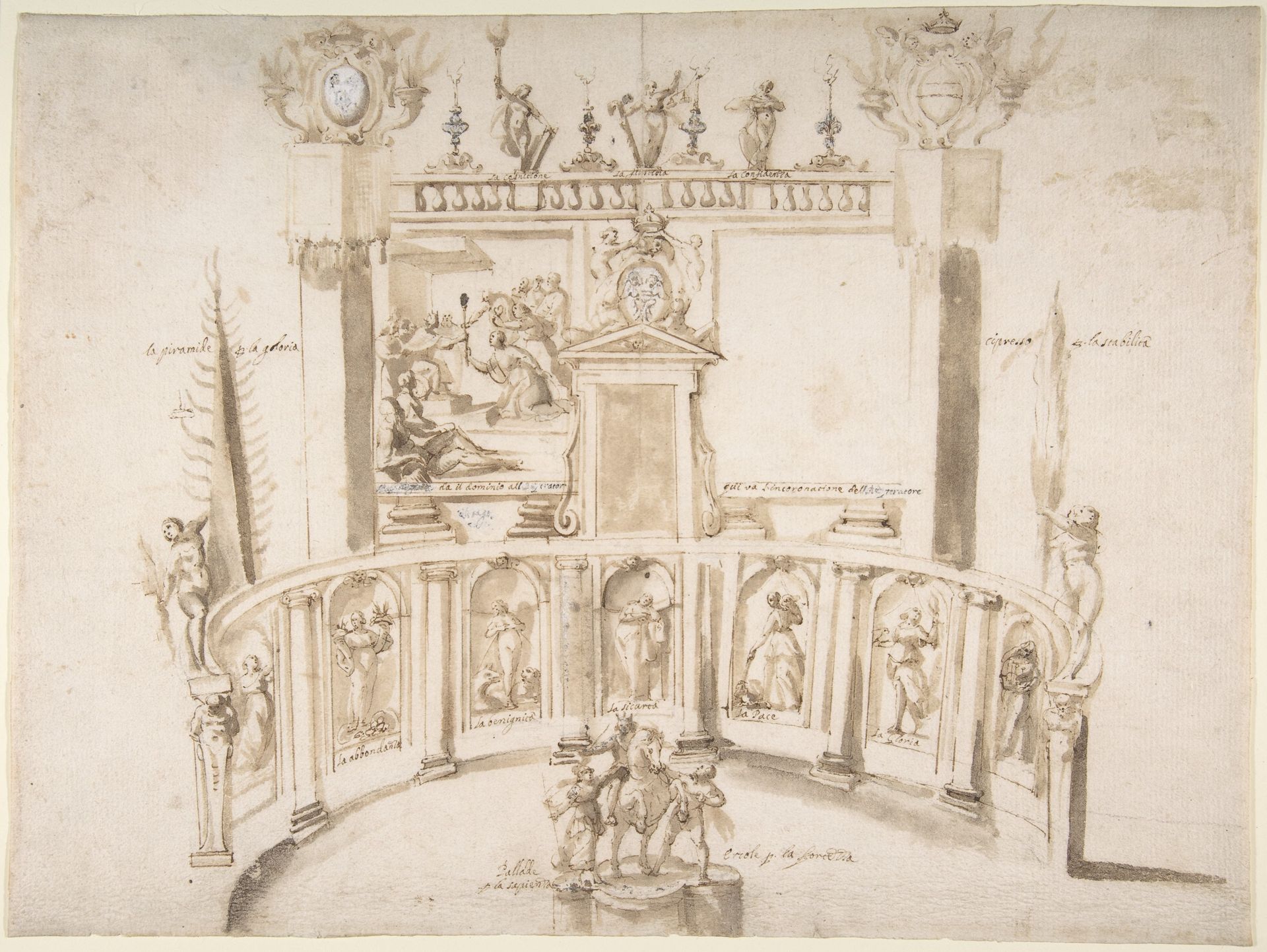 Design for a Garden Fête with a Semi-circular Wall and Statues in Niches. by Francesco Allegrini