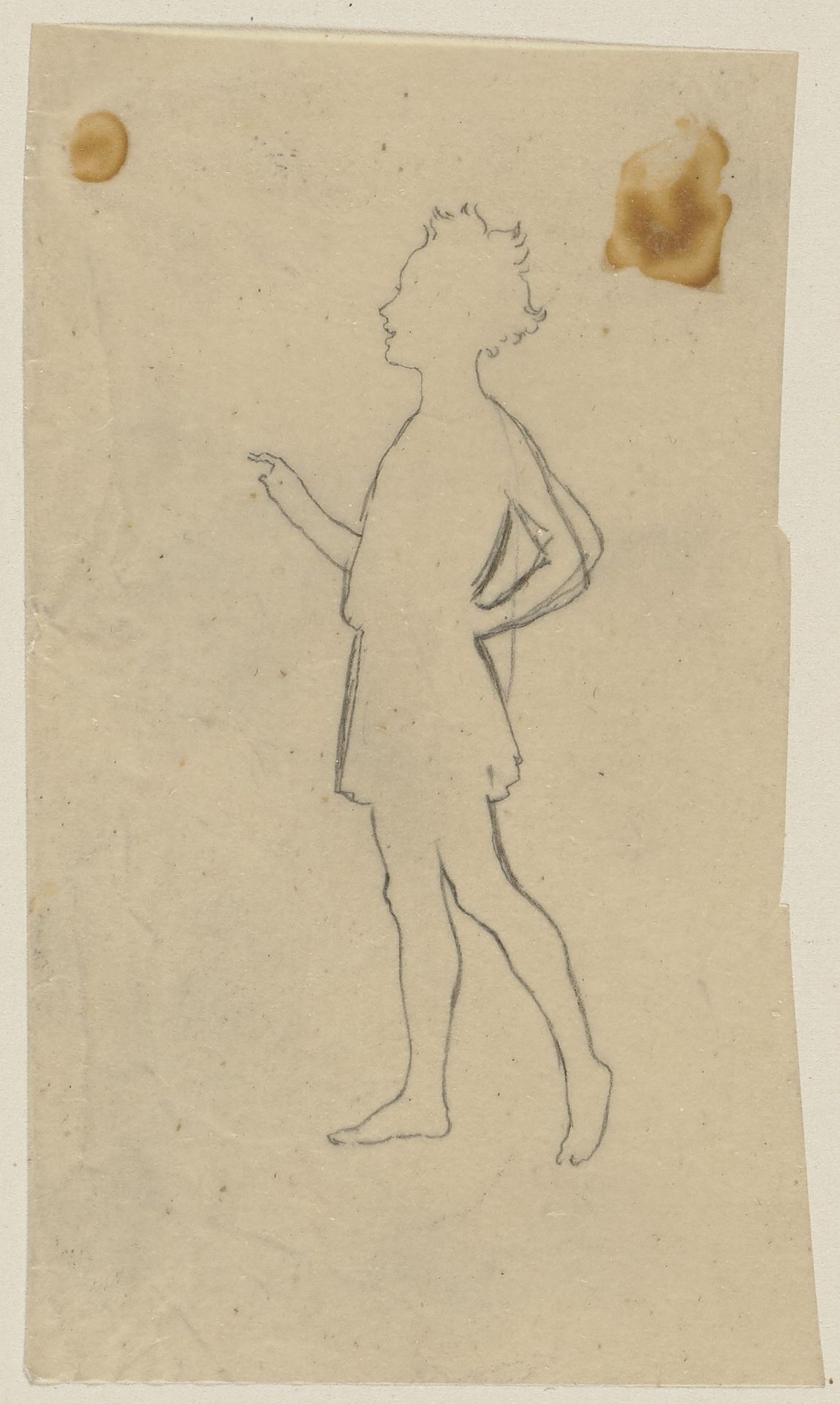 Puck mit Kleidung, erhobenem Zeigefinger und in die Seite gestütztem Arm, gehend, nach links by Paul Konewka