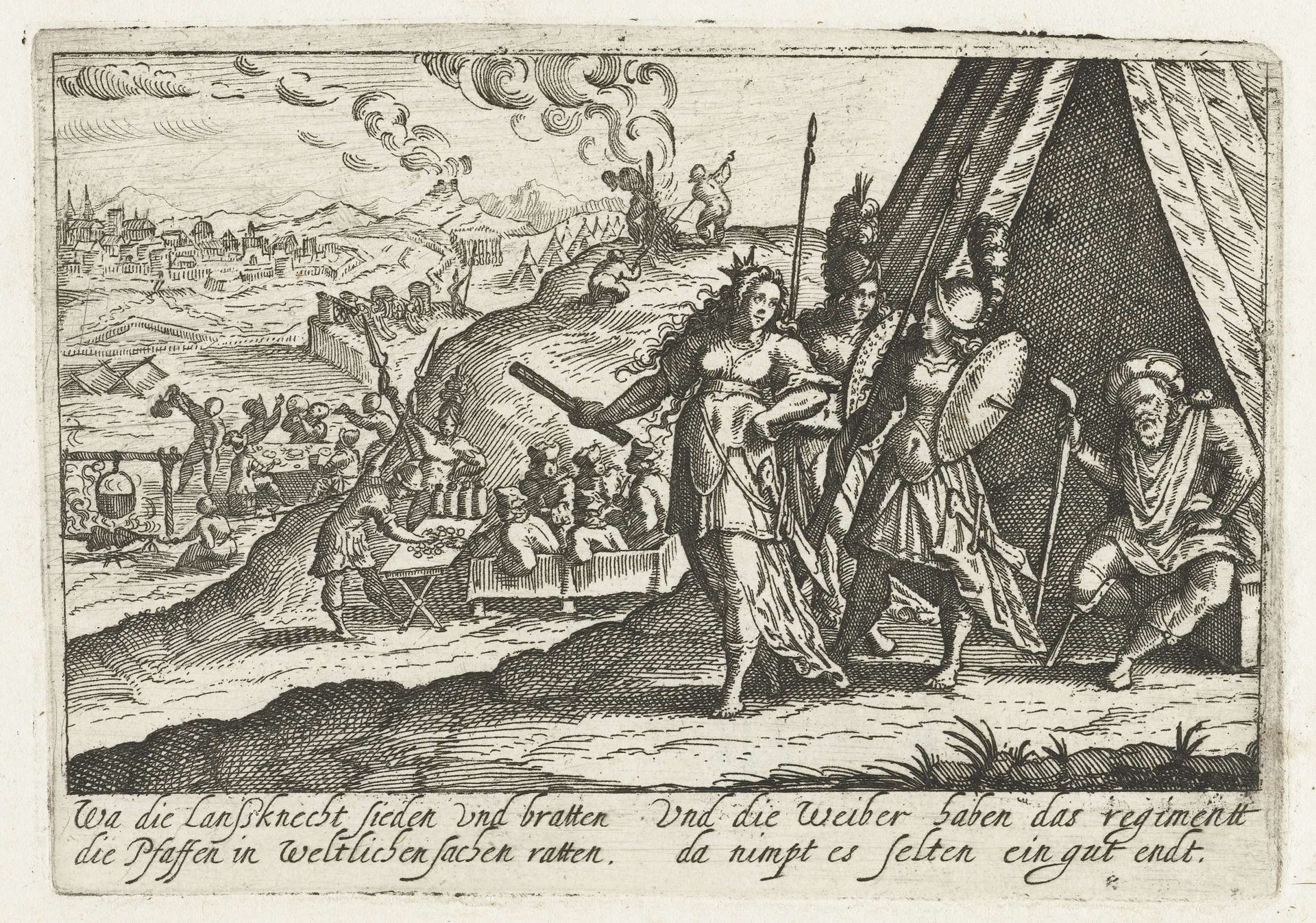 Drie vrouwen als generaals by Jacob van der Heyden