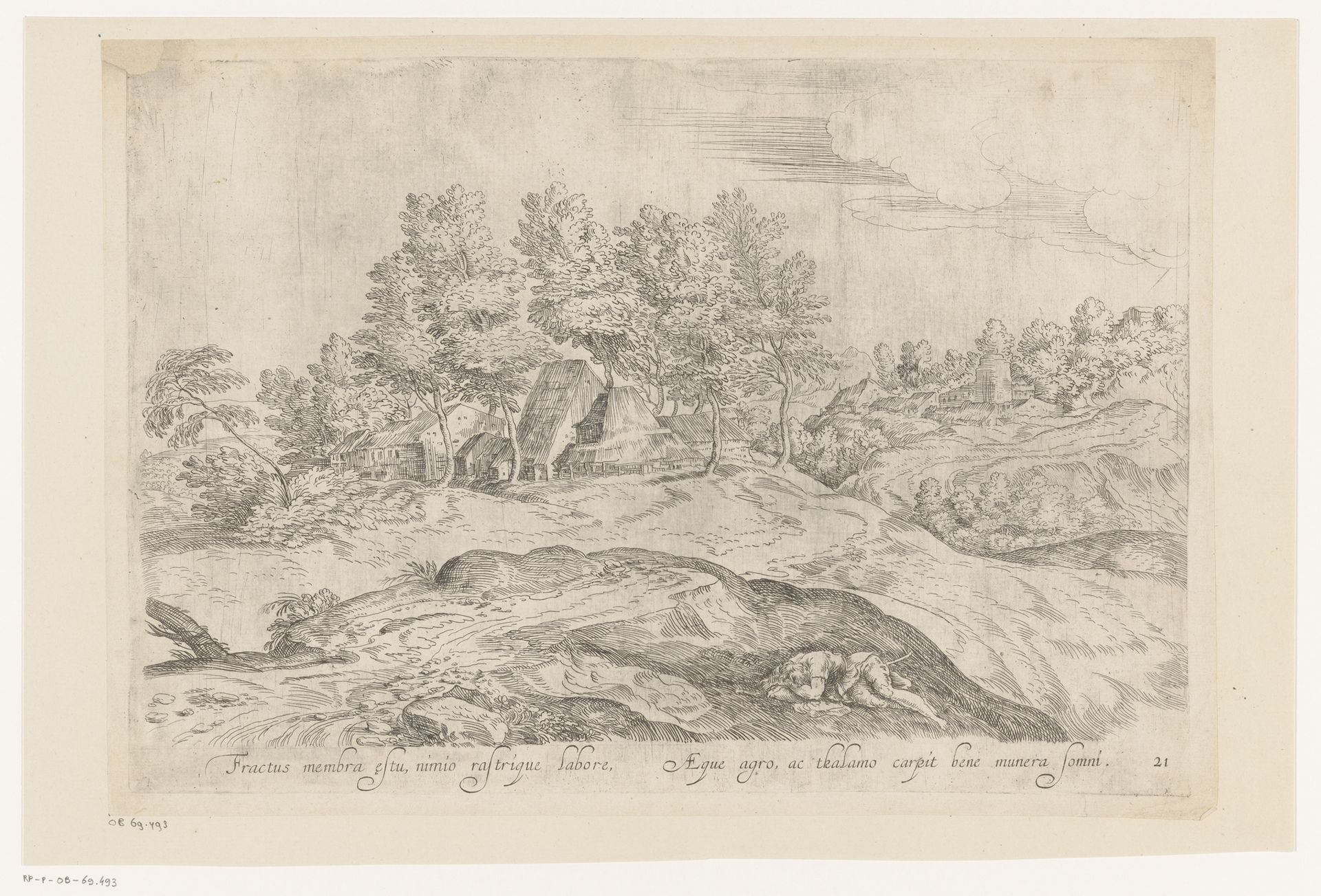 Landschap met huizen en op de voorgrond een slapende man by Nicolas Pierre Loir