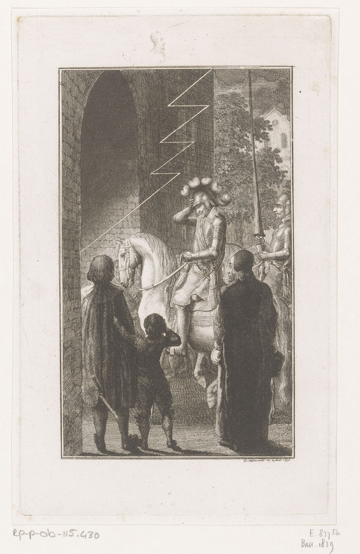 Gustaaf Adolf van Zweden krijgt een teken van hogerhand als hij Landshut binnen gaat by Daniel Nikolaus Chodowiecki