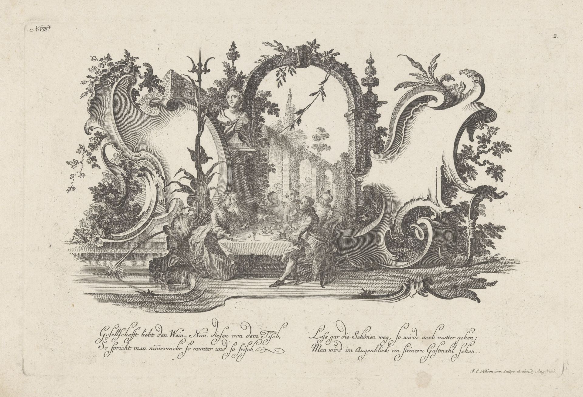 Cartouches met figuren aan tafel by Johann Esaias Nilson