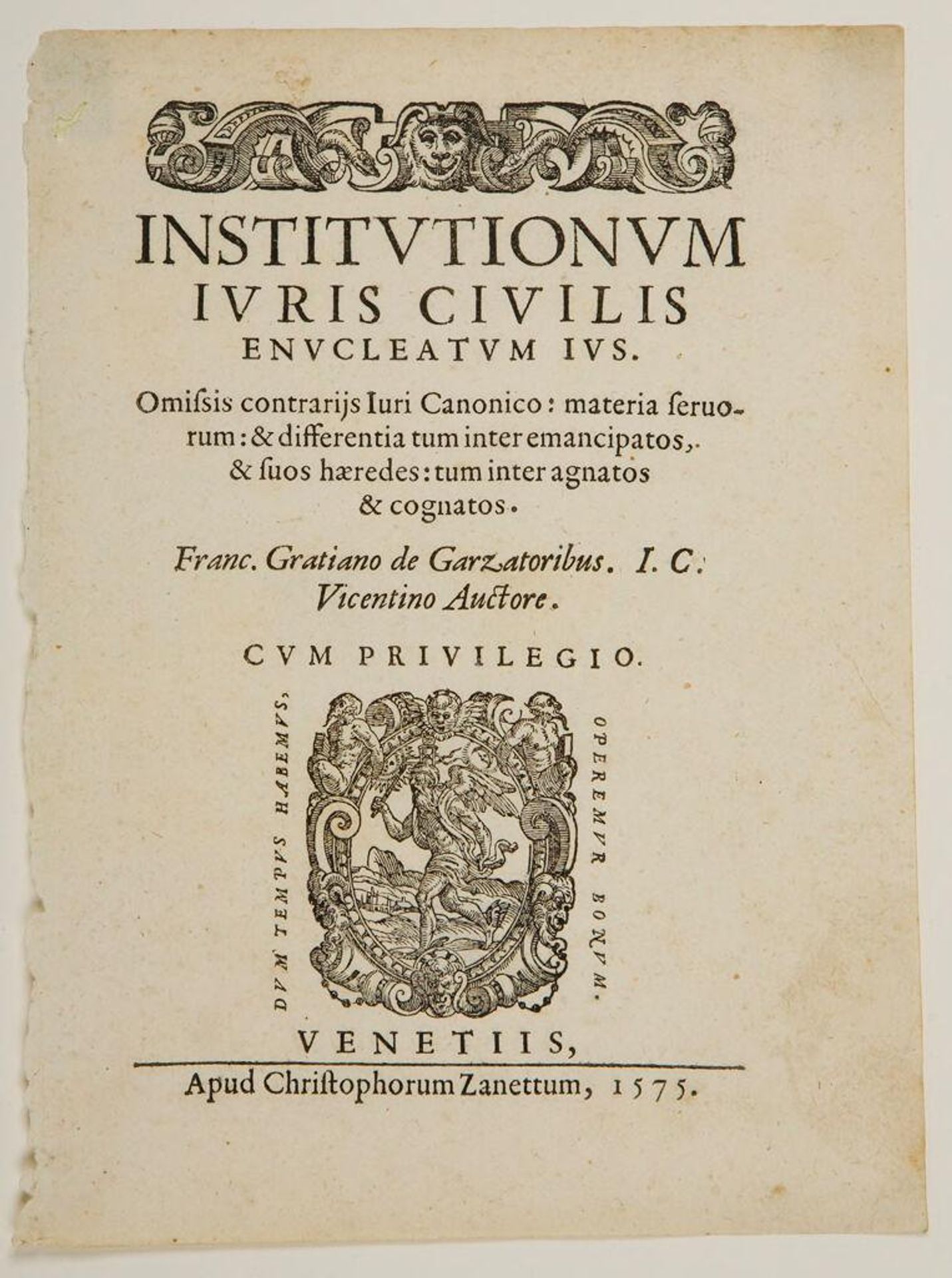 Illustration from Franciscus Gratiano de Garzatoribus, Institutionum iuris Civilis . . . . Christopher Zanetti by Anonymous