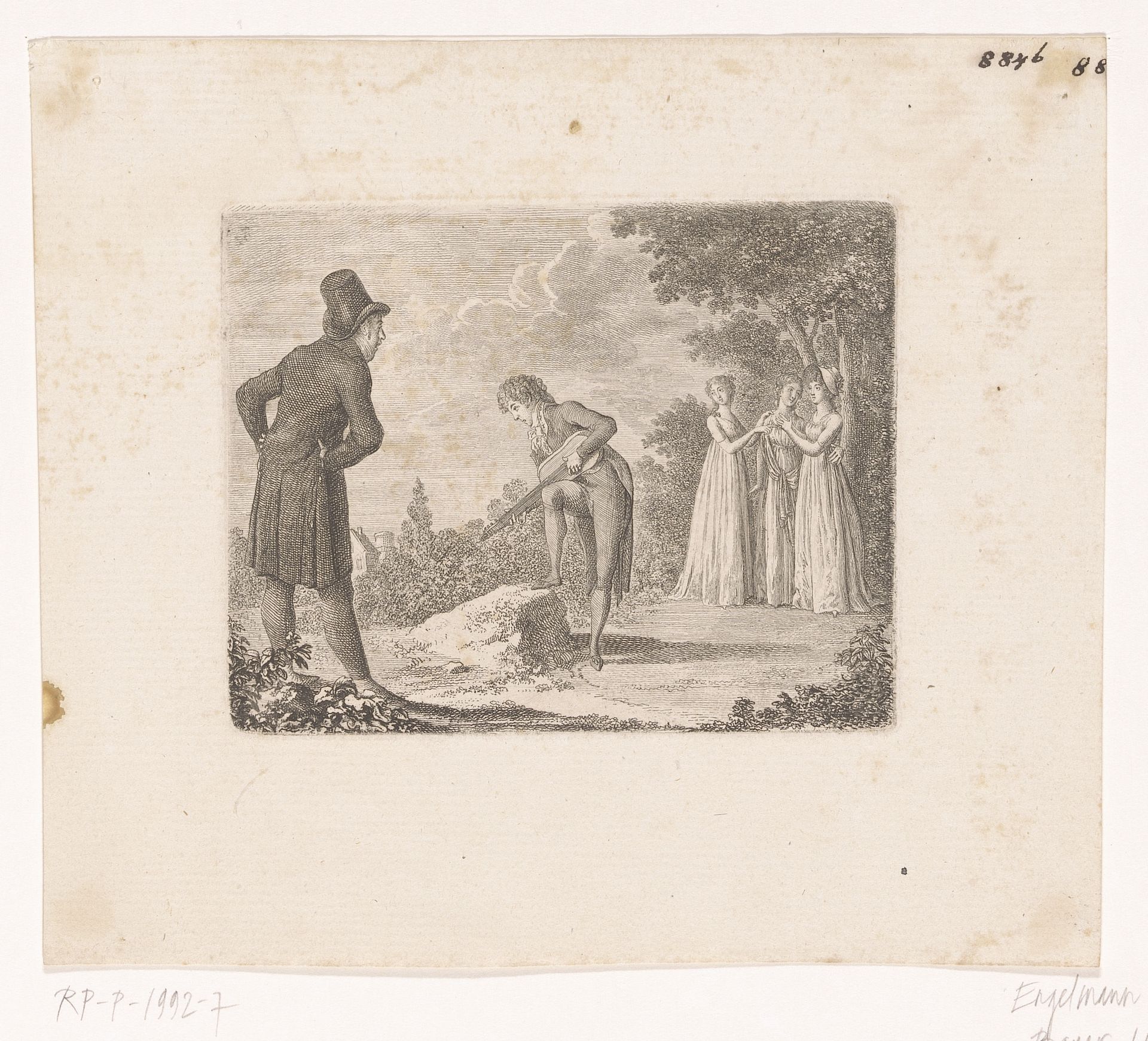 Mr. de Vollange speelt op zijn gitaar, terwijl drie dames en een heer luisteren by Daniel Nikolaus Chodowiecki