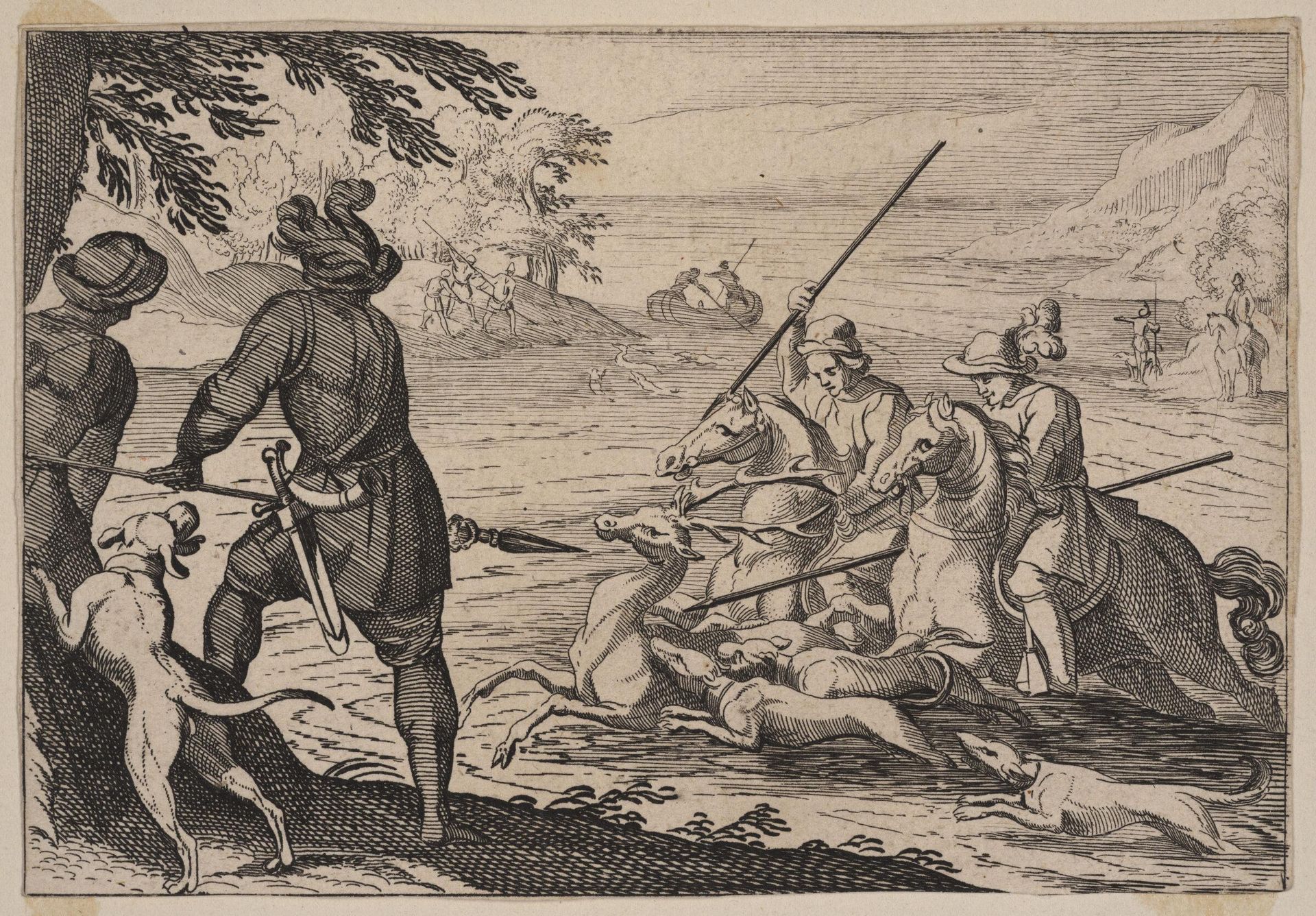Men on Horseback and Dogs Hunting a Stag in a River by Antonio Tempesta