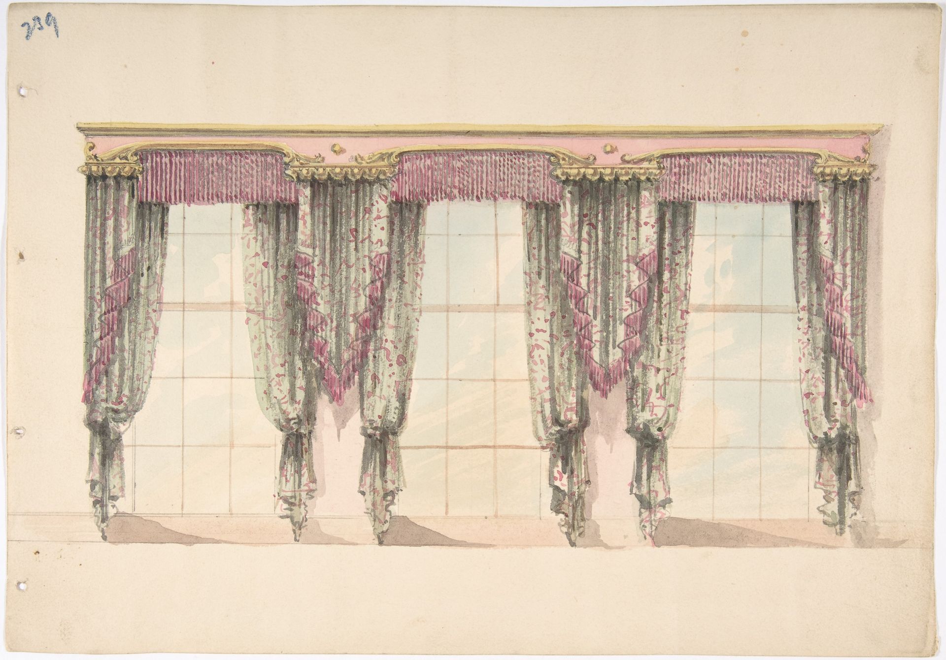 Design for Gray and Pink Curtains with Pink Fringes and a PInk and Gold Pediment by Anonymous