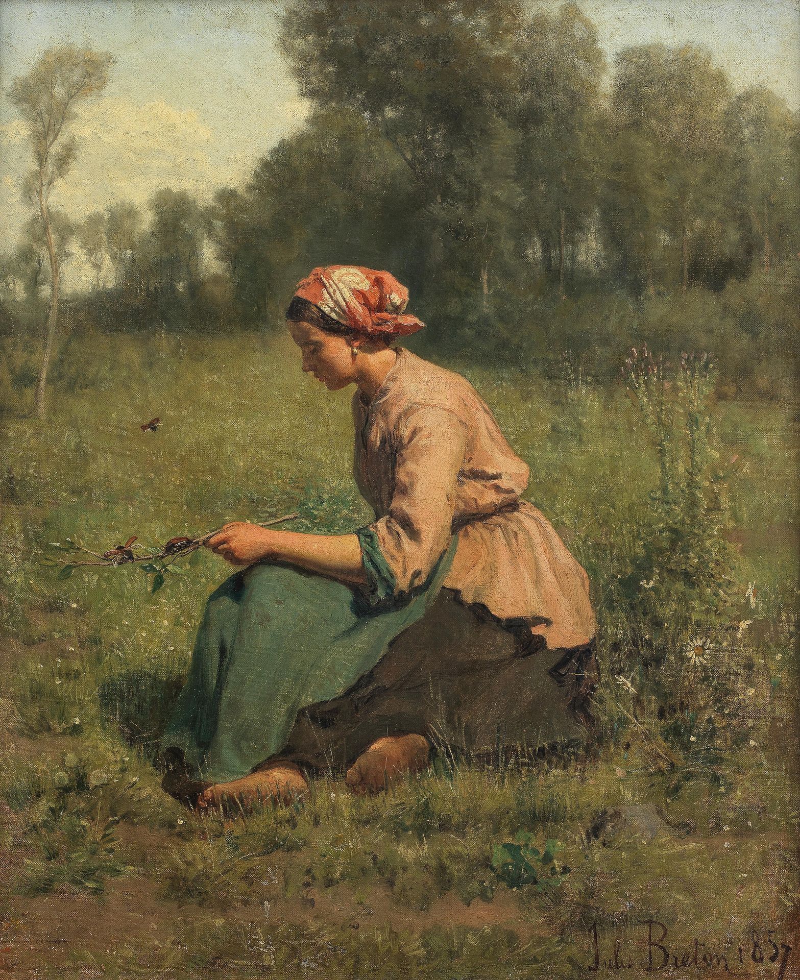 Young Peasant Woman Playing with Cockchafers by Jules Breton