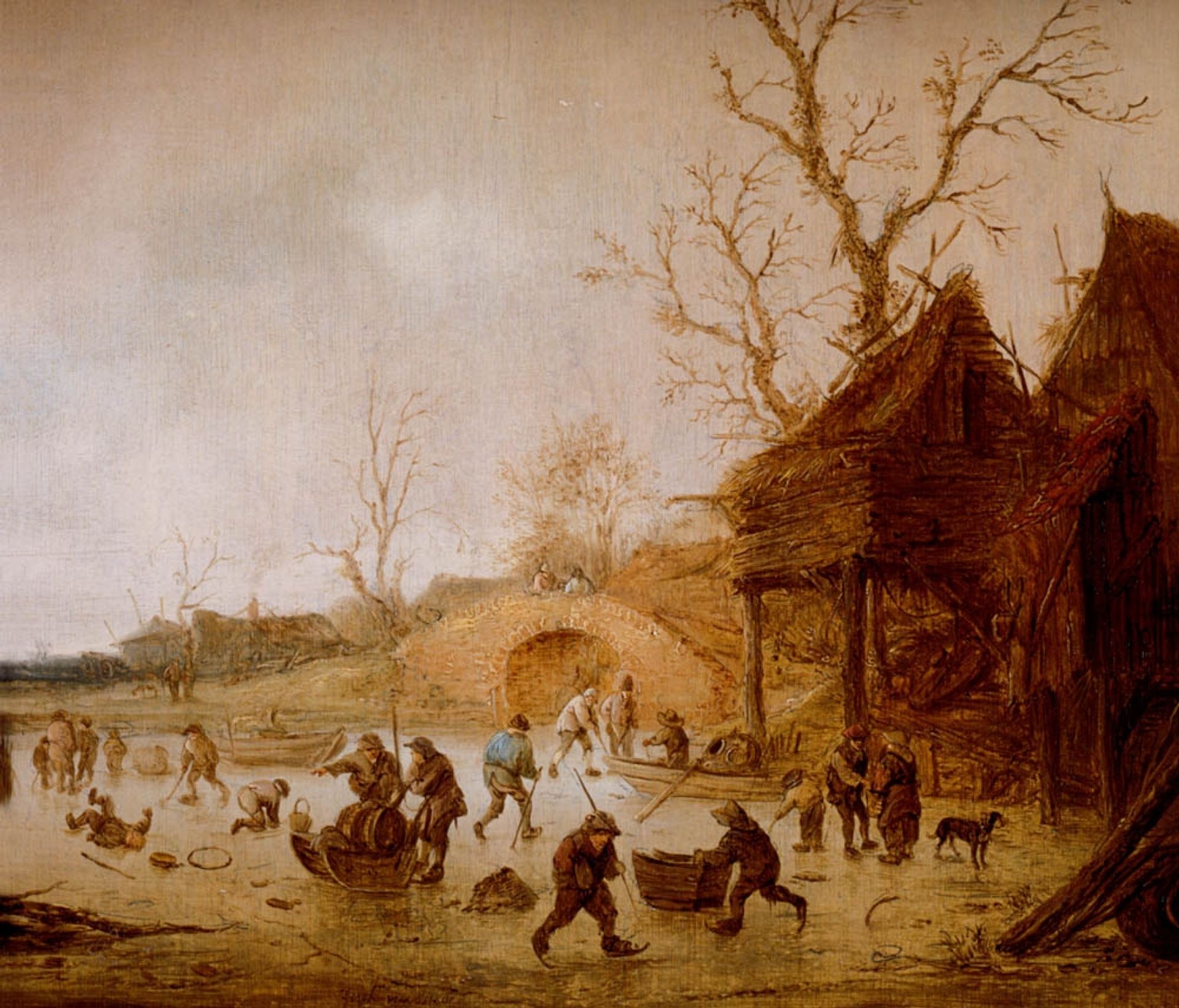 A Winter Landscape with Skaters, Children Playing Kolf and Figures with Sledges on the Ice near a Bridge by Isaac van Ostade