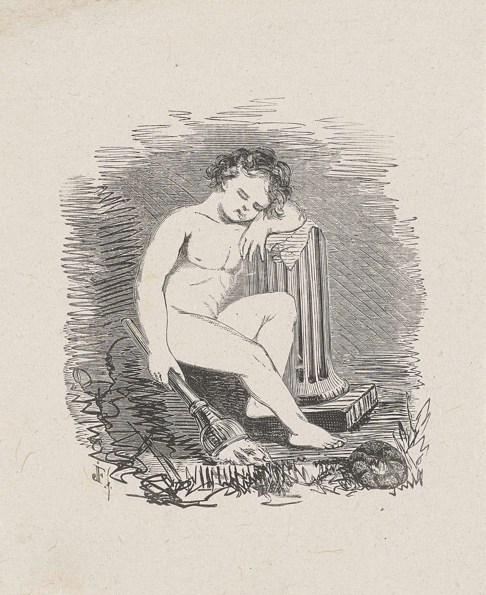 Putto met een fakkel leunend op een halve pilaar by Isaac Weissenbruch