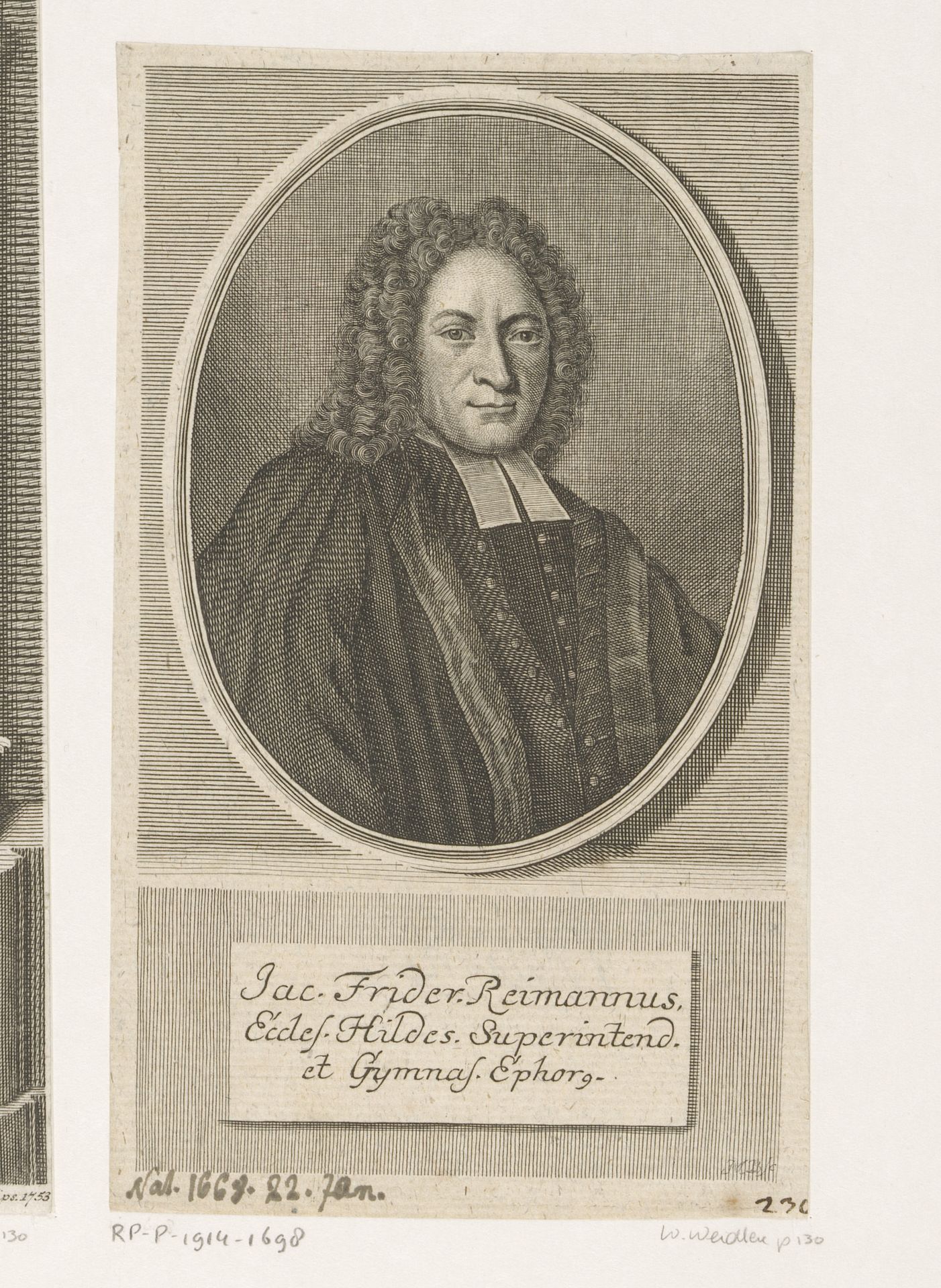 Portret van Jacob Friedrich Reimmann by Johann Martin Bernigeroth