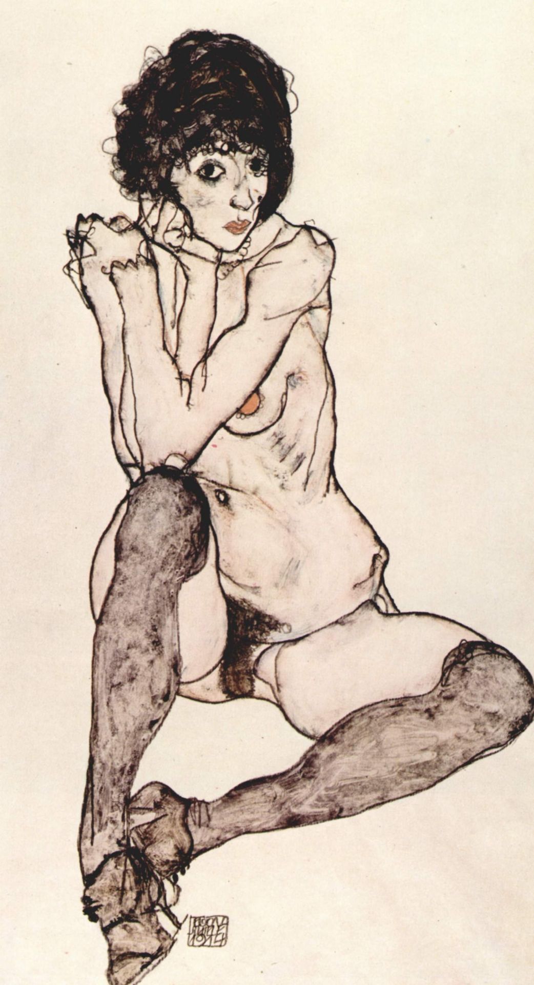Seated female nude with elbows propped by Egon Schiele