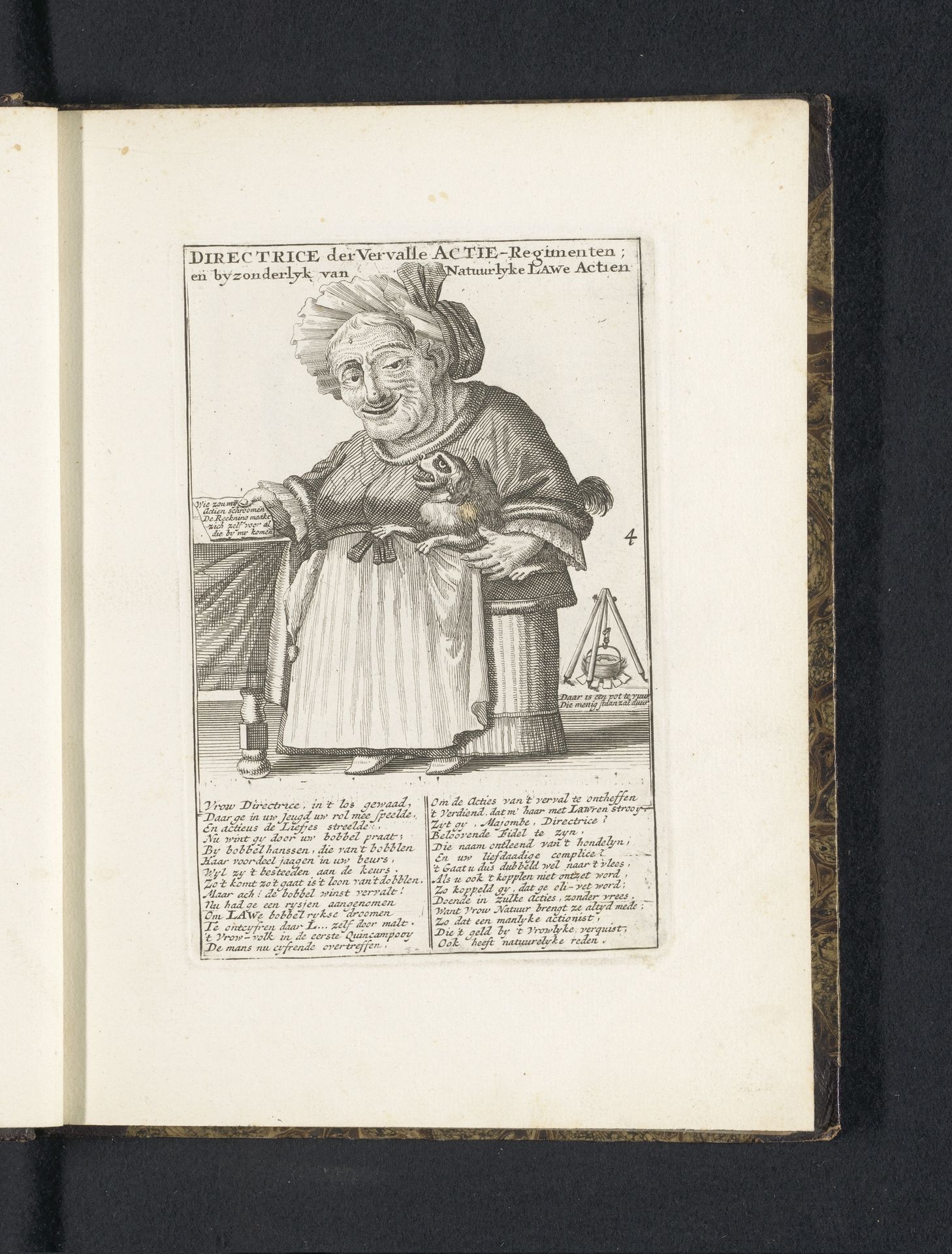 Dwerg als een oude vrouw met een hondje op de arm, 1720 by Anonymous
