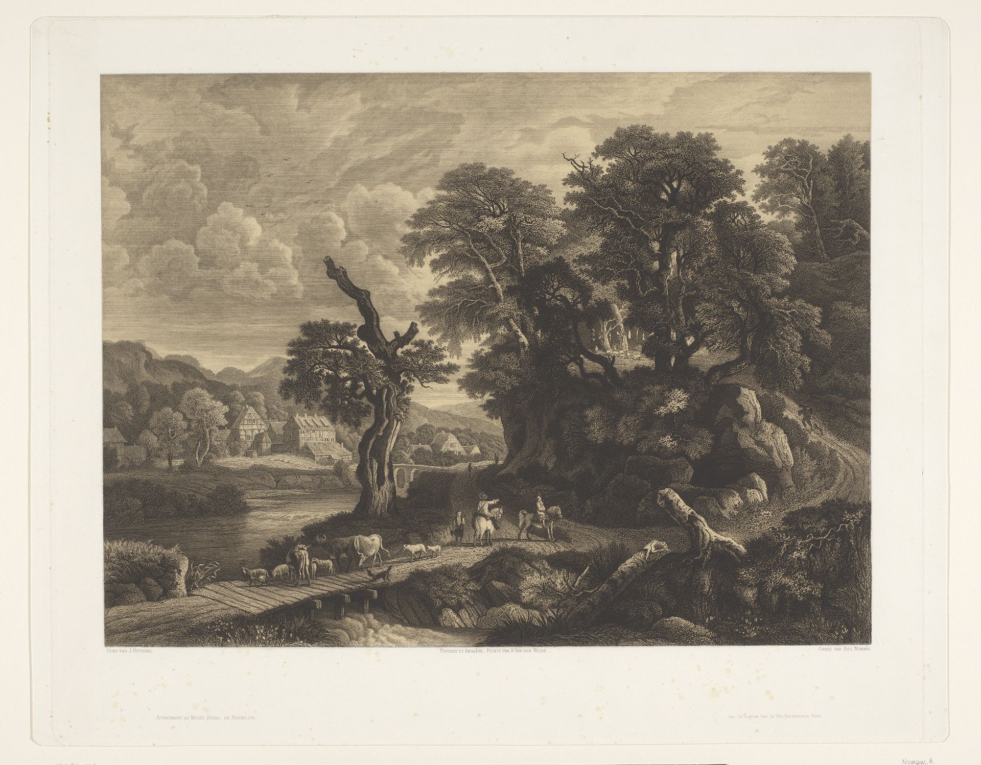 Landschap met dieren en figuren op een weg langs een rivier by Auguste Numans