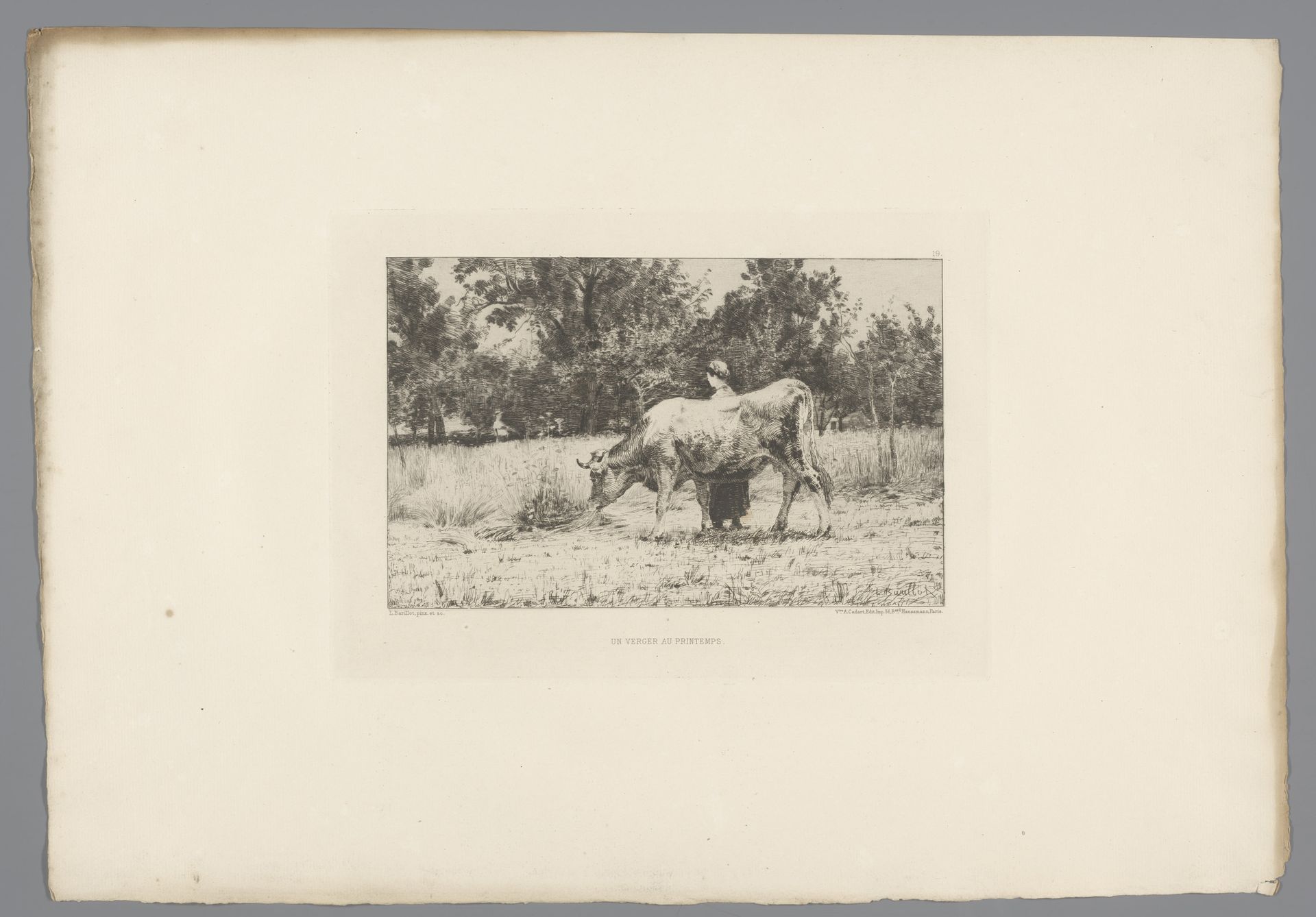 Vrouw en koe in weide by Léon Barillot