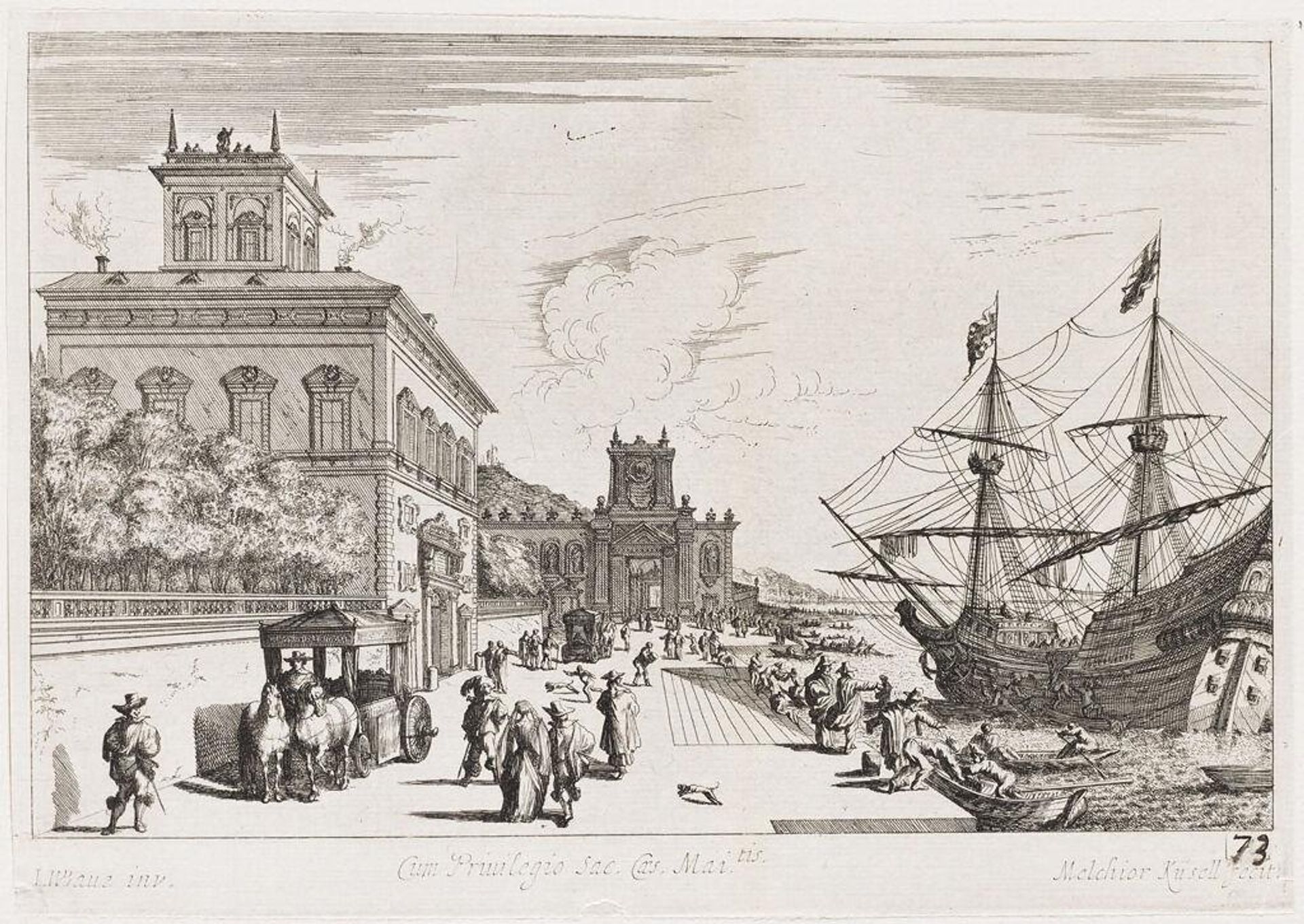 Seaside Promenade with Palace at the Left and Large Ship Docked at the Right by Melchior KÃ¼sel