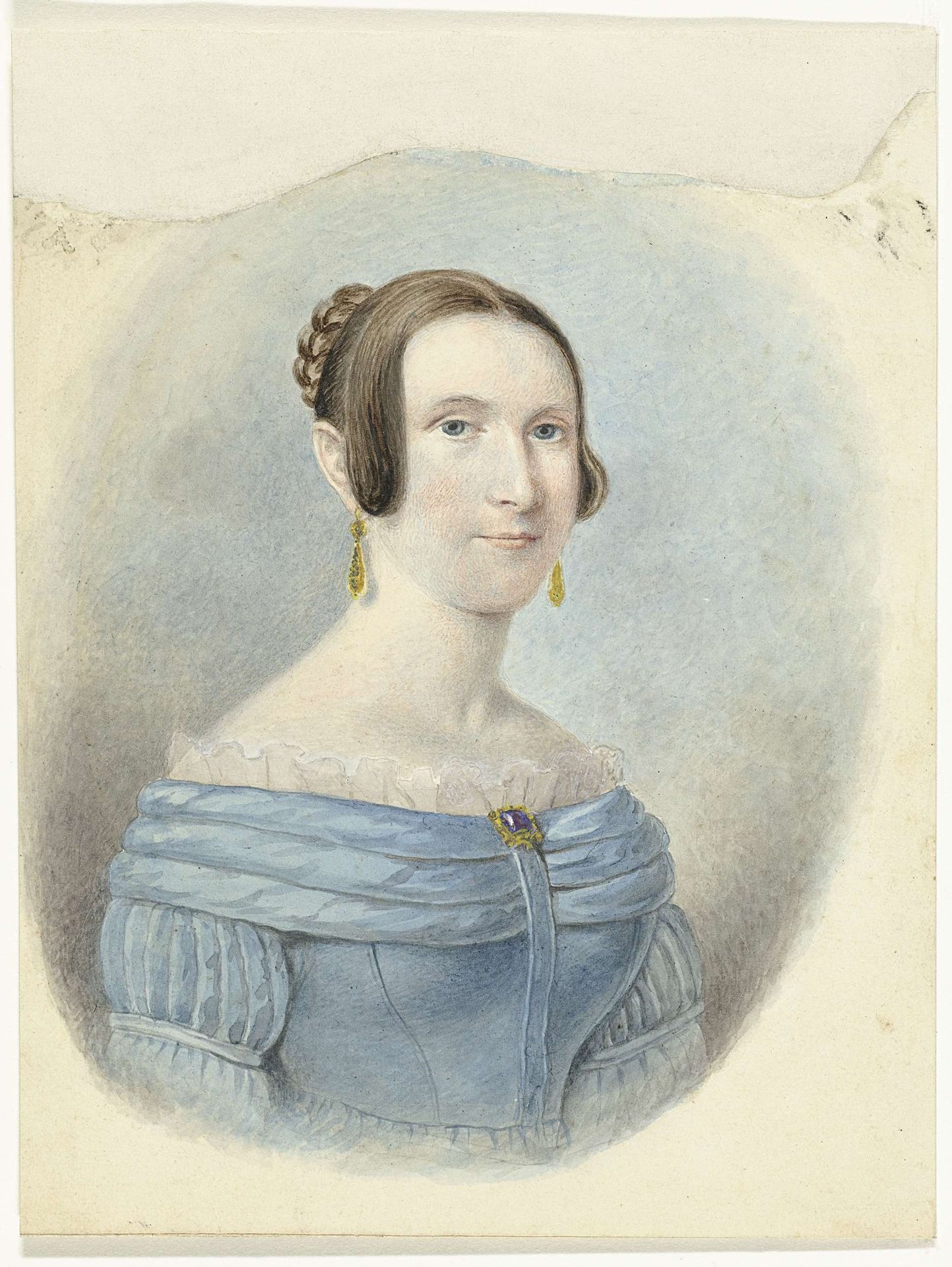 Vrouw in een blauwe japon, met gouden oorbellen by Johannes (I) Hari