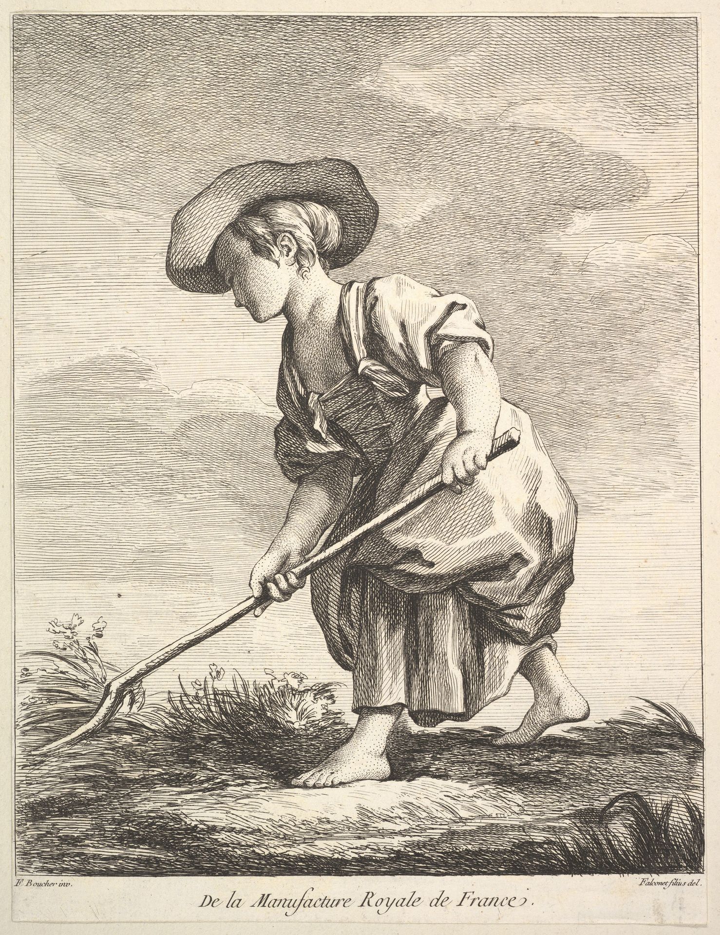 Little girl doing farm work, from Premier Livre de Figures d'après les porcelaines de la Manufacture Royale de France, inventées en 1757, par Mr. Boucher (First Book of Figures after porcelains from the Manufacture Royale de France, devised in 1757, by Mr. Boucher) by Pierre Etienne Falconet