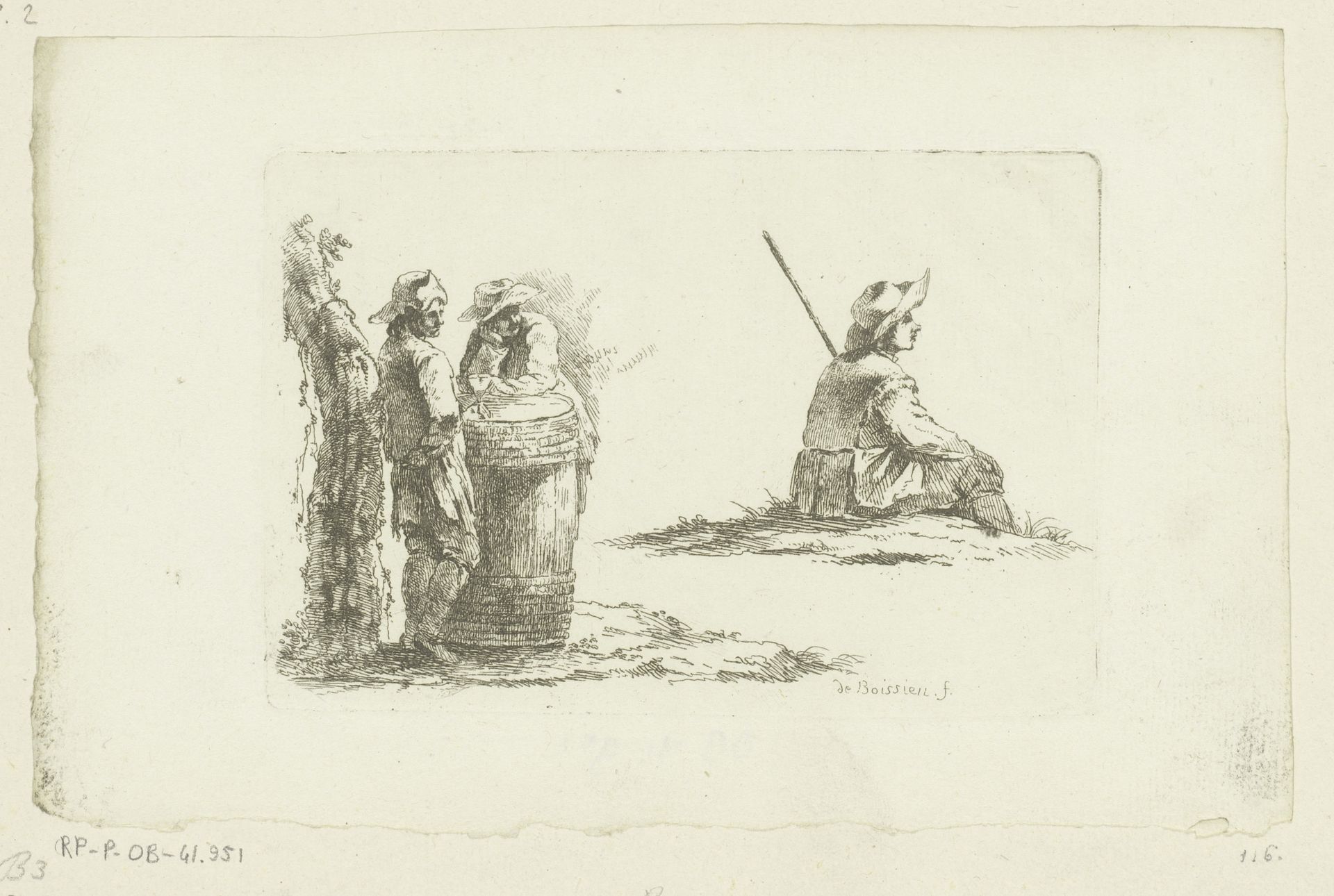 Compositie met twee mannen bij een ton en een gezeten jongeman op de rug gezien by Jean Jacques de Boissieu