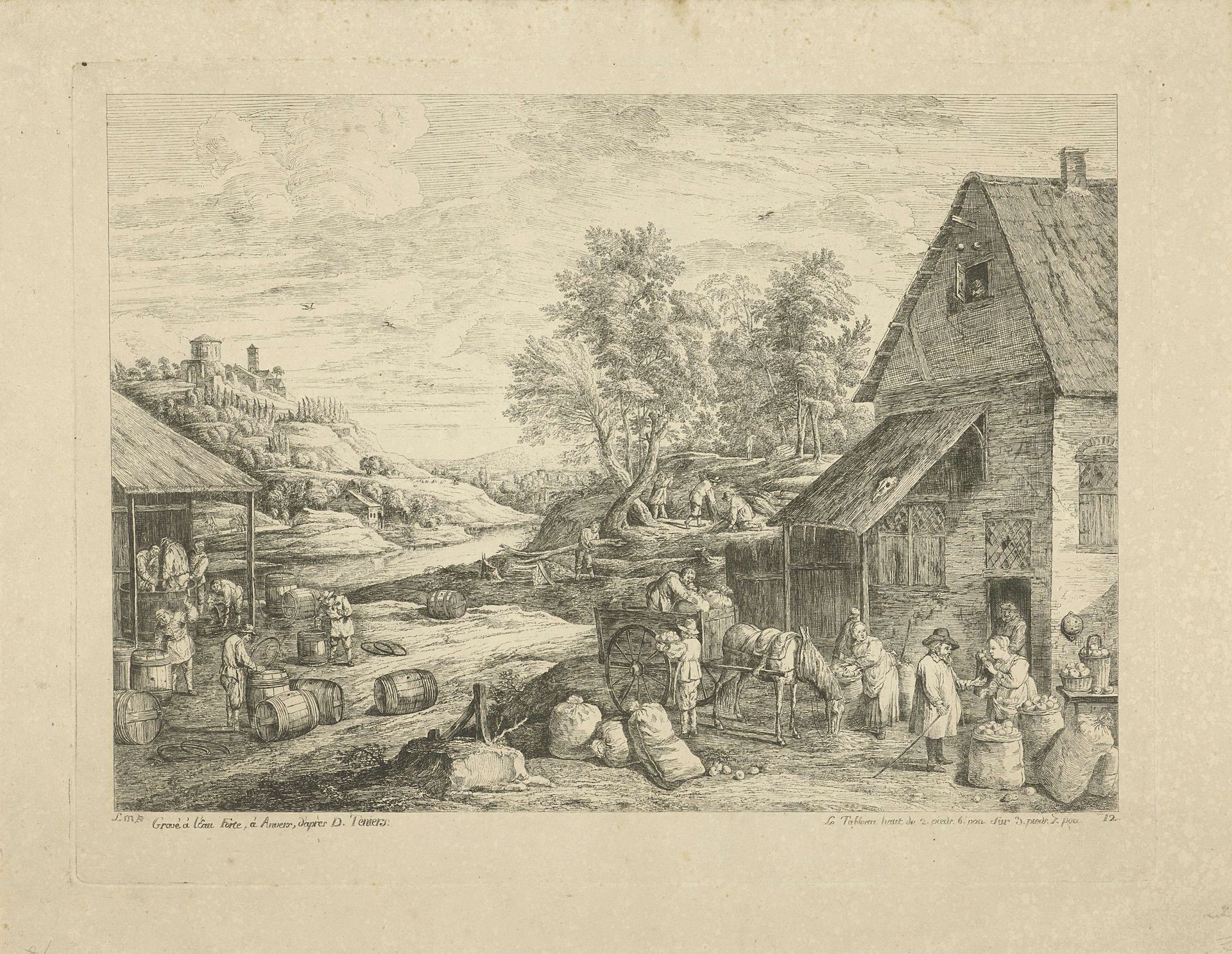 Rivierlandschap met tonnenmakerij en appelverkoop by S. Le Masurier