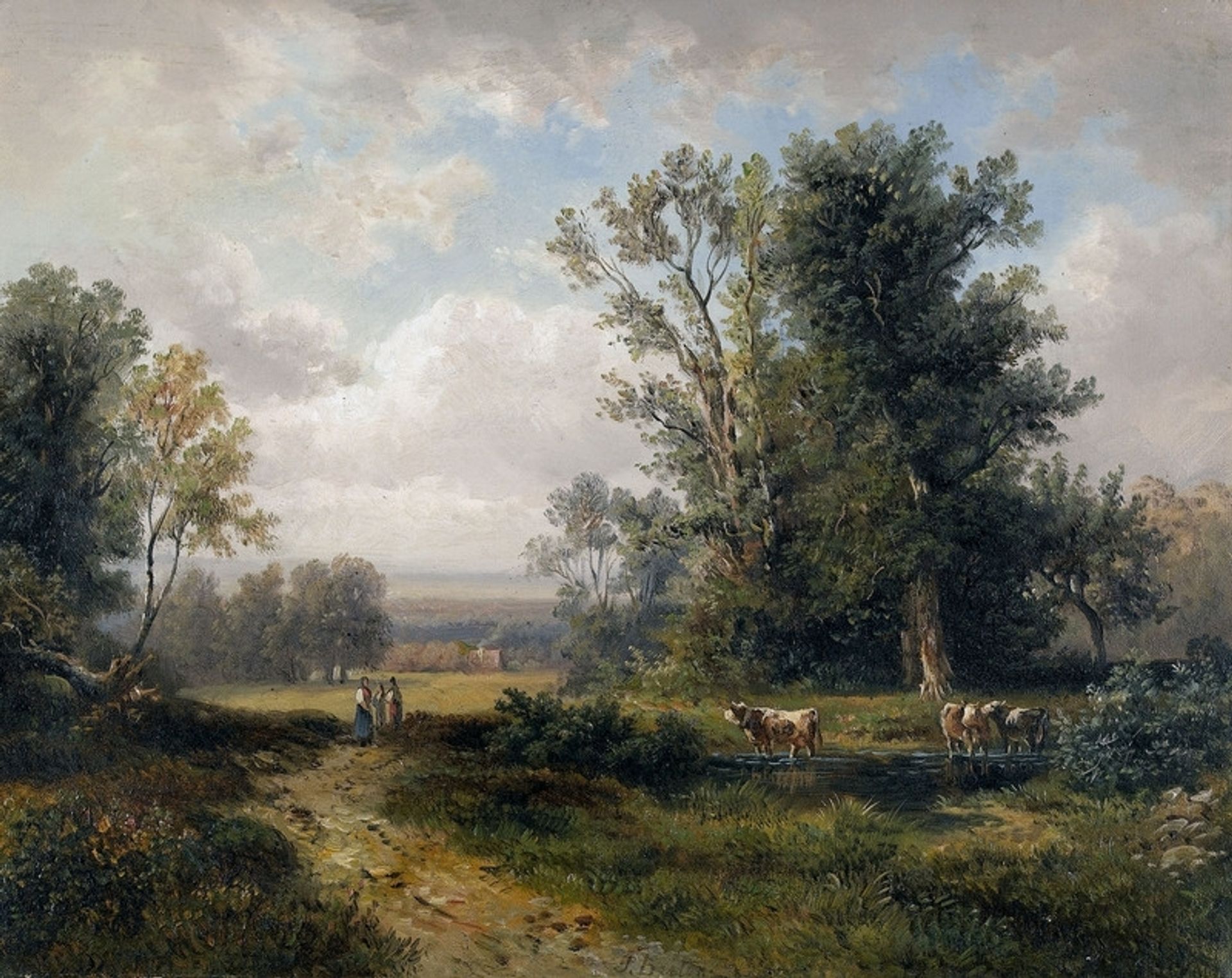 Summer landscape with peasants and cows by Jules Breton